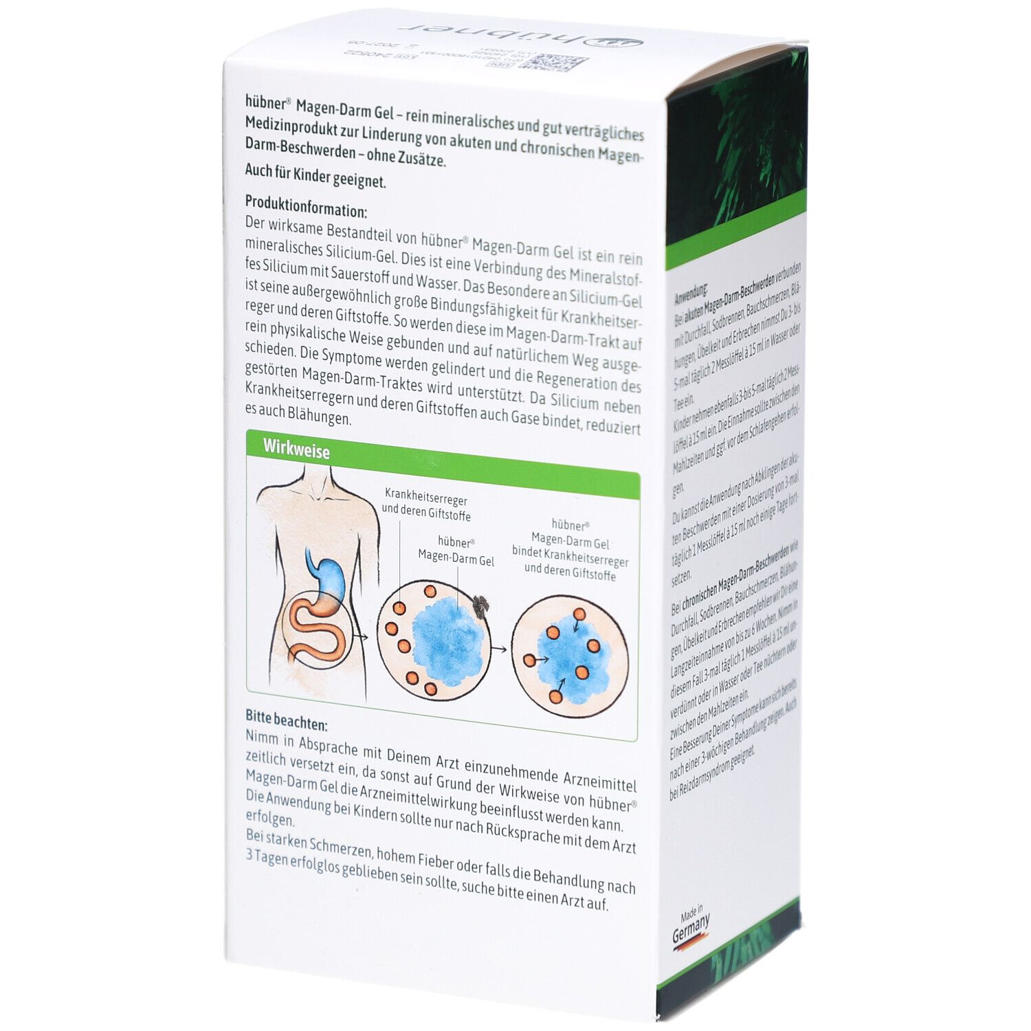Seite der Verpackung von hübner® Magen-Darm Gel. Produktinformationen, Wirkweise und Warnhinweise. Illustration des Verdauungstrakts.