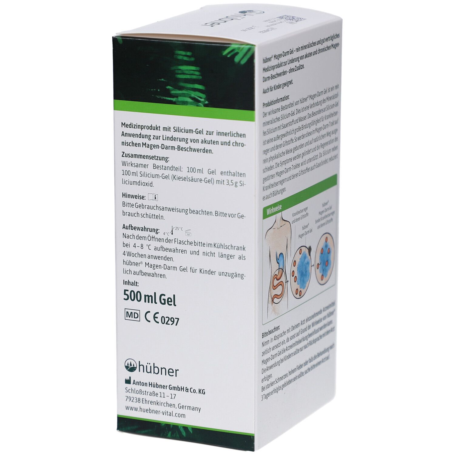 Seite der Verpackung von hübner® Magen-Darm Gel. Zusammensetzung, Hinweise und Inhalt. Logo und Kontaktdaten des Herstellers.