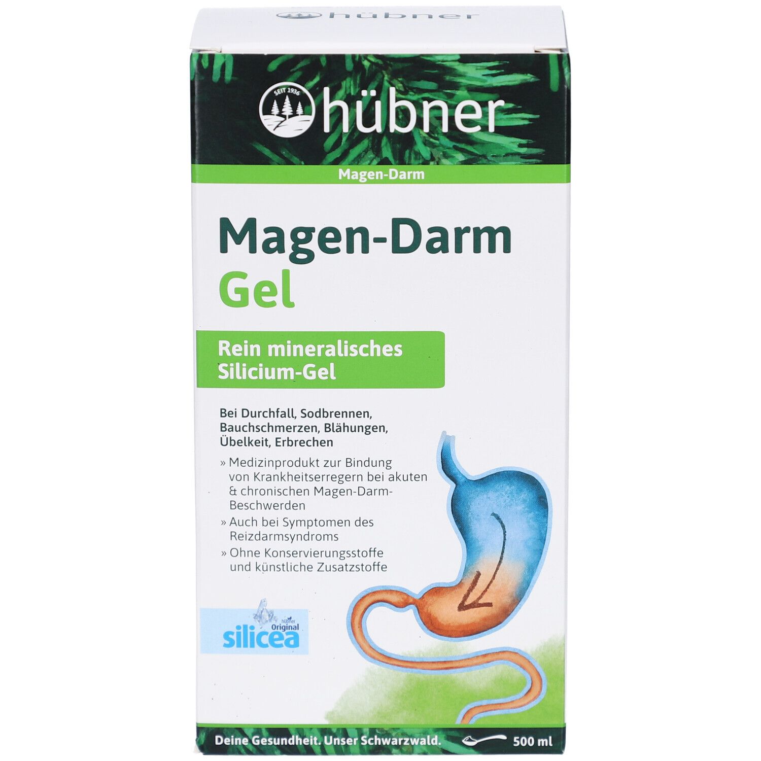 Vorderseite der Verpackung von hübner® Magen-Darm Gel. Produktname, Beschreibung und Illustration des Verdauungstrakts. 500 ml.
