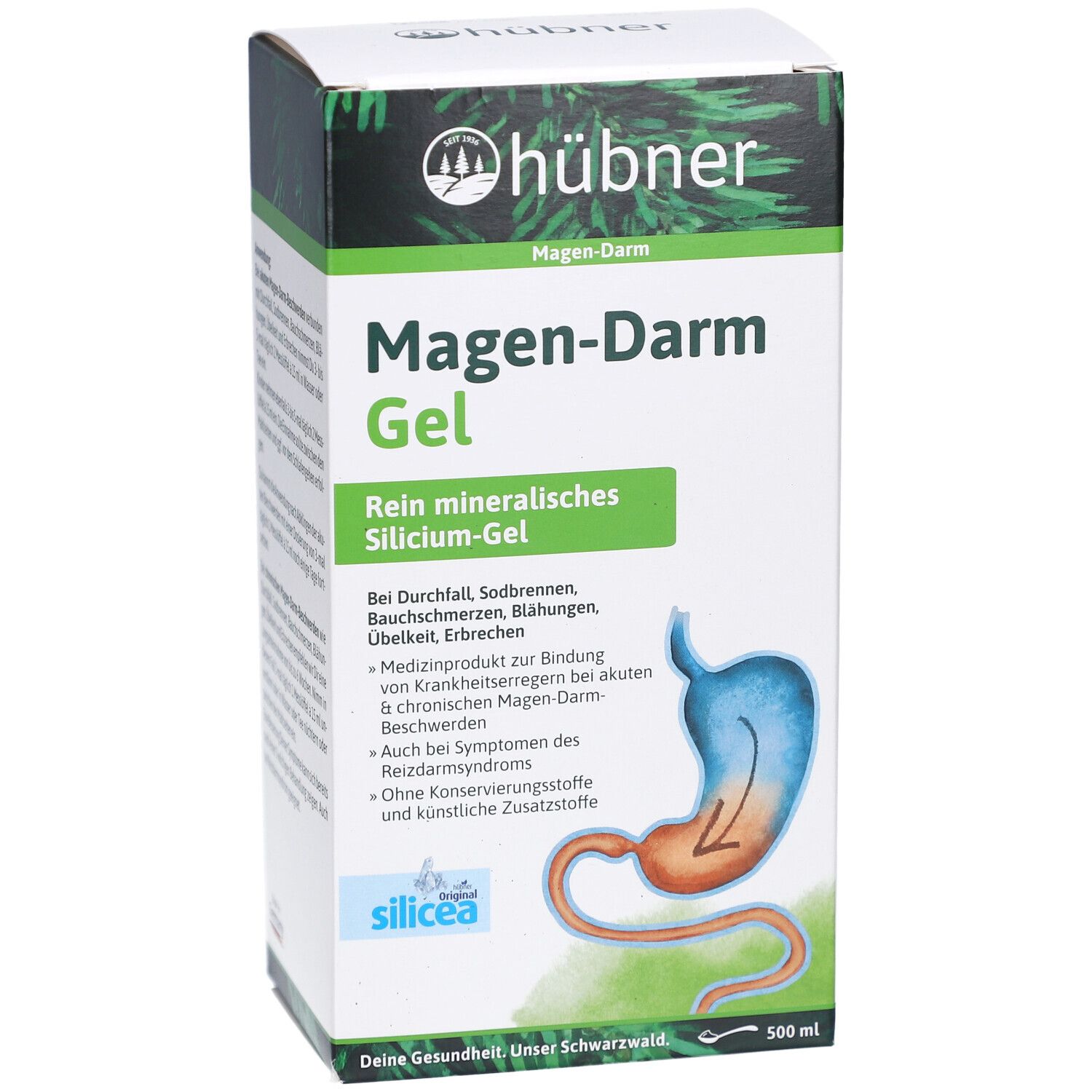 Vorderseite der Verpackung von hübner® Magen-Darm Gel. Produktname, Beschreibung und Illustration des Verdauungstrakts. 500 ml.