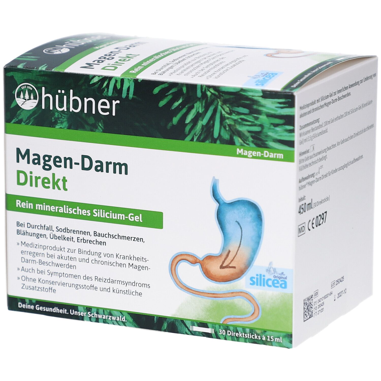 Karton mit Produktname und Logo. Illustration eines Magens. Text: Magen-Darm Direkt, Silicium-Gel. 30 Direktsticks.