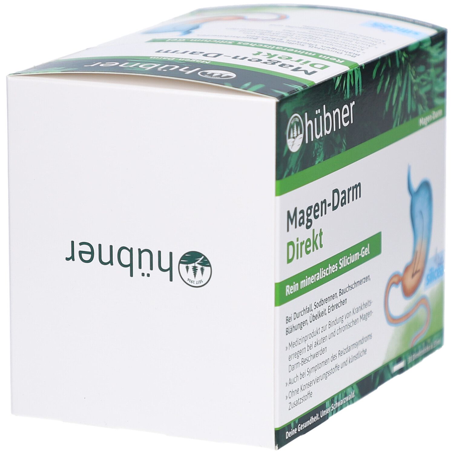 Weiße Produktverpackung mit Logo und Produktnamen. Aufschrift: Magen-Darm Direkt, Silicium-Gel. Rückseite mit Text.
