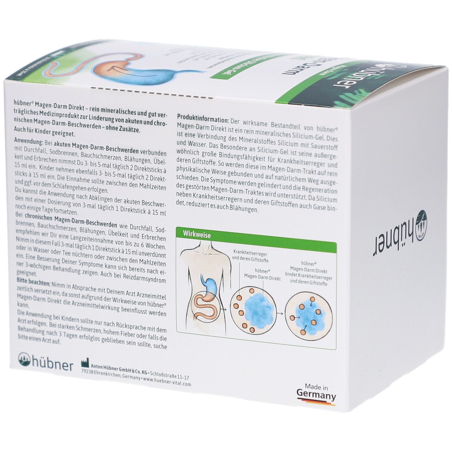 Produktverpackung mit Text und Illustrationen. Enthält Informationen zur Anwendung und Wirkweise. Herstellerlogo.