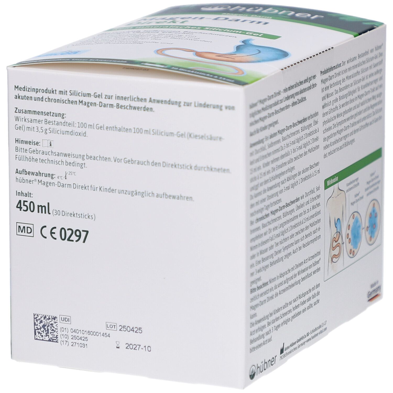Produktverpackung mit Text. Enthält Informationen zu Inhaltsstoffen, Anwendung und Lagerung. MD-Kennzeichnung.