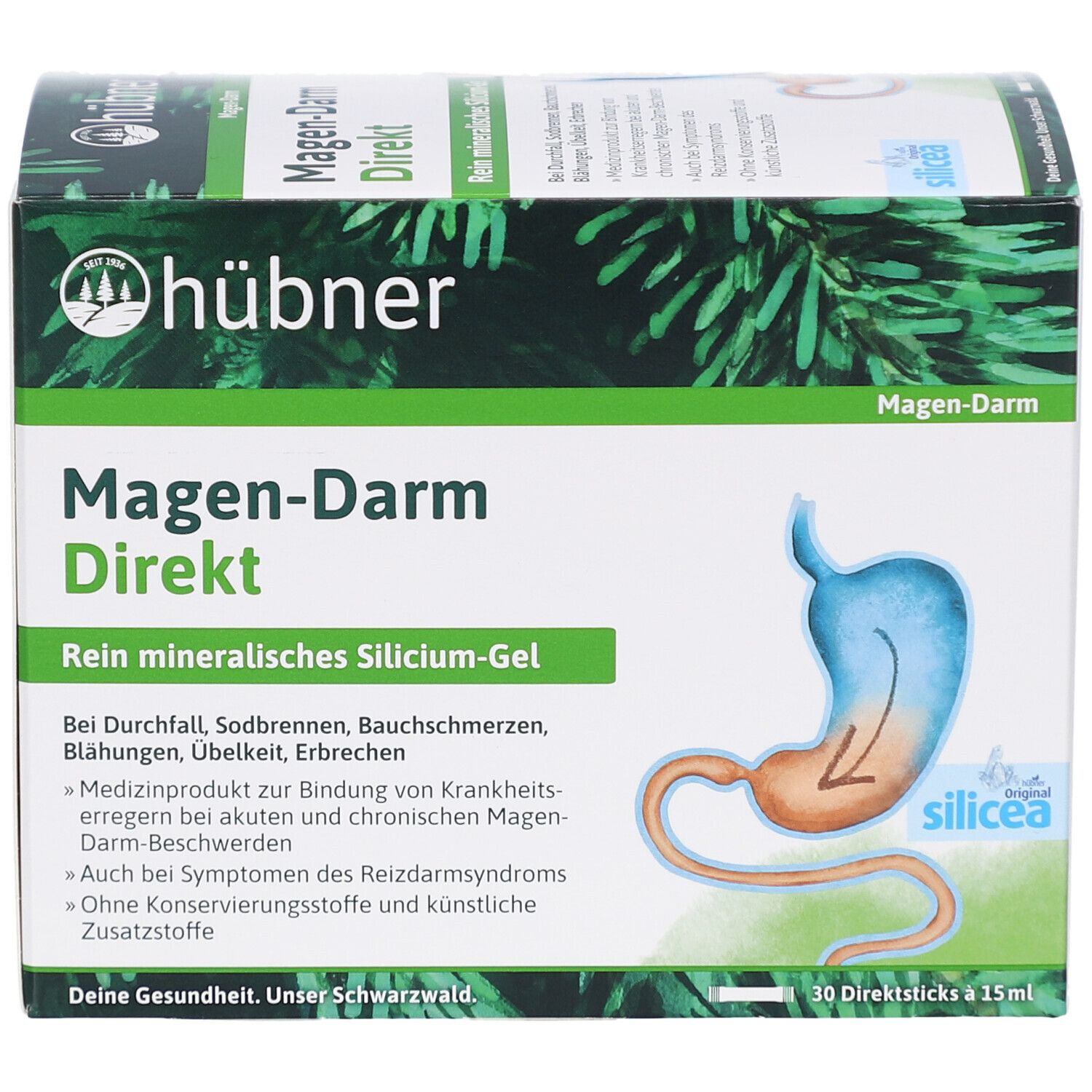 Produktverpackung mit Logo und Produktnamen. Illustration eines Magens. Text: Magen-Darm Direkt, Silicium-Gel. 30 Direktsticks.