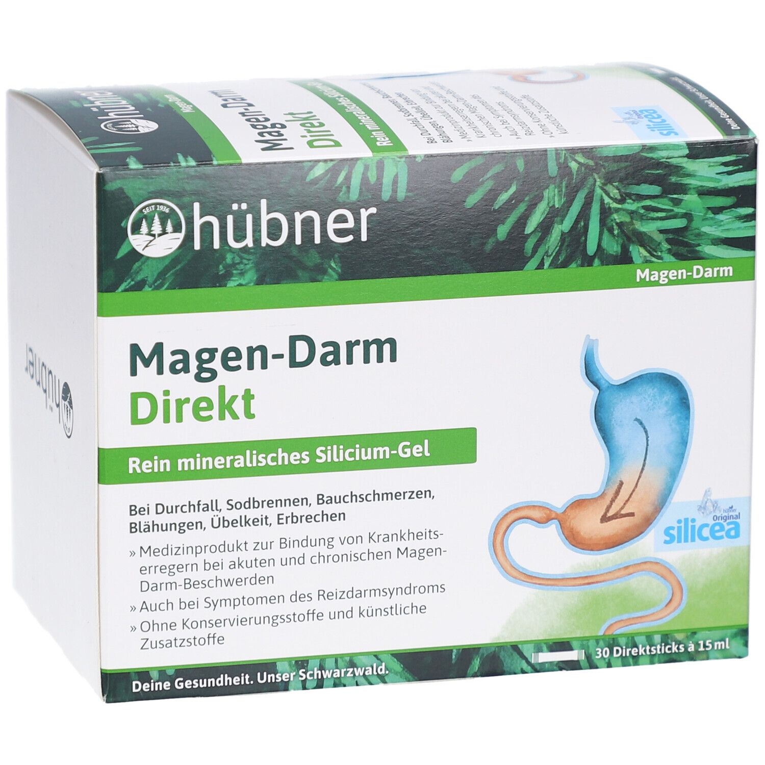 Produktverpackung mit Logo und Produktnamen. Illustration eines Magens. Text: Magen-Darm Direkt, Silicium-Gel. 30 Direktsticks.