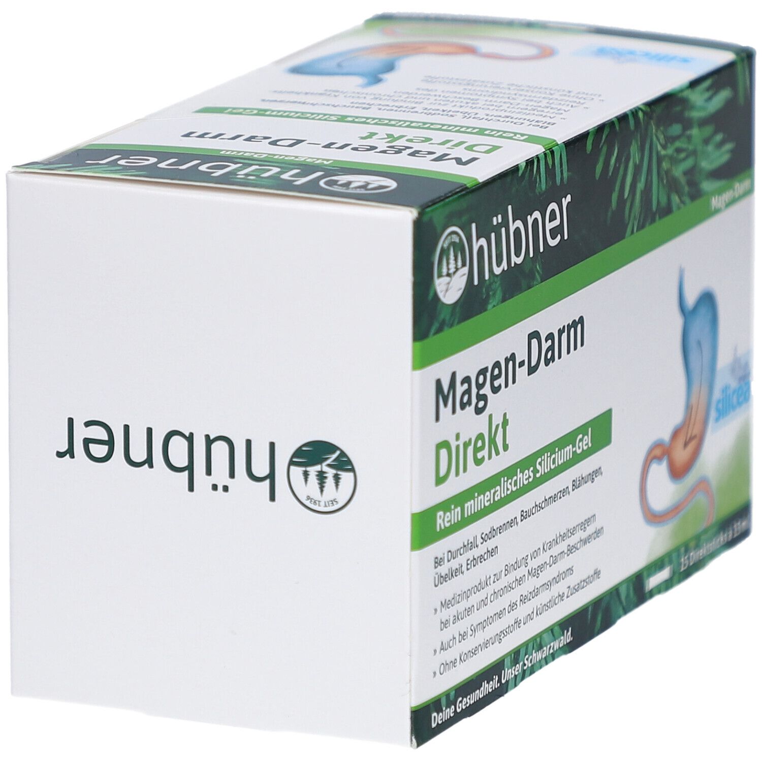Schrägansicht der HÜBNER Magen-Darm Direkt Gel Verpackung. Produktname und Logo deutlich sichtbar. Grün-weiße Farbgebung.