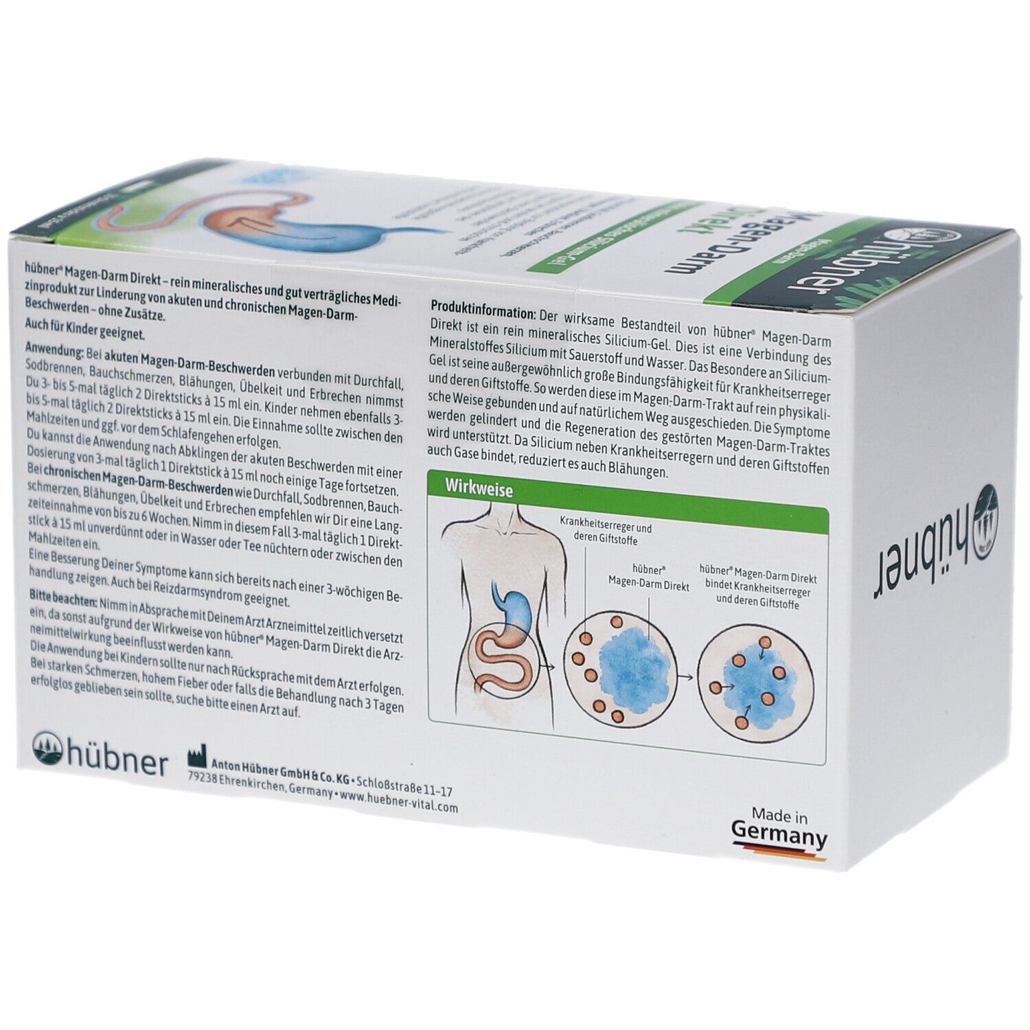 Rückseite der HÜBNER Magen-Darm Direkt Gel Verpackung. Textinformationen, Illustration des Verdauungstrakts und Logo.