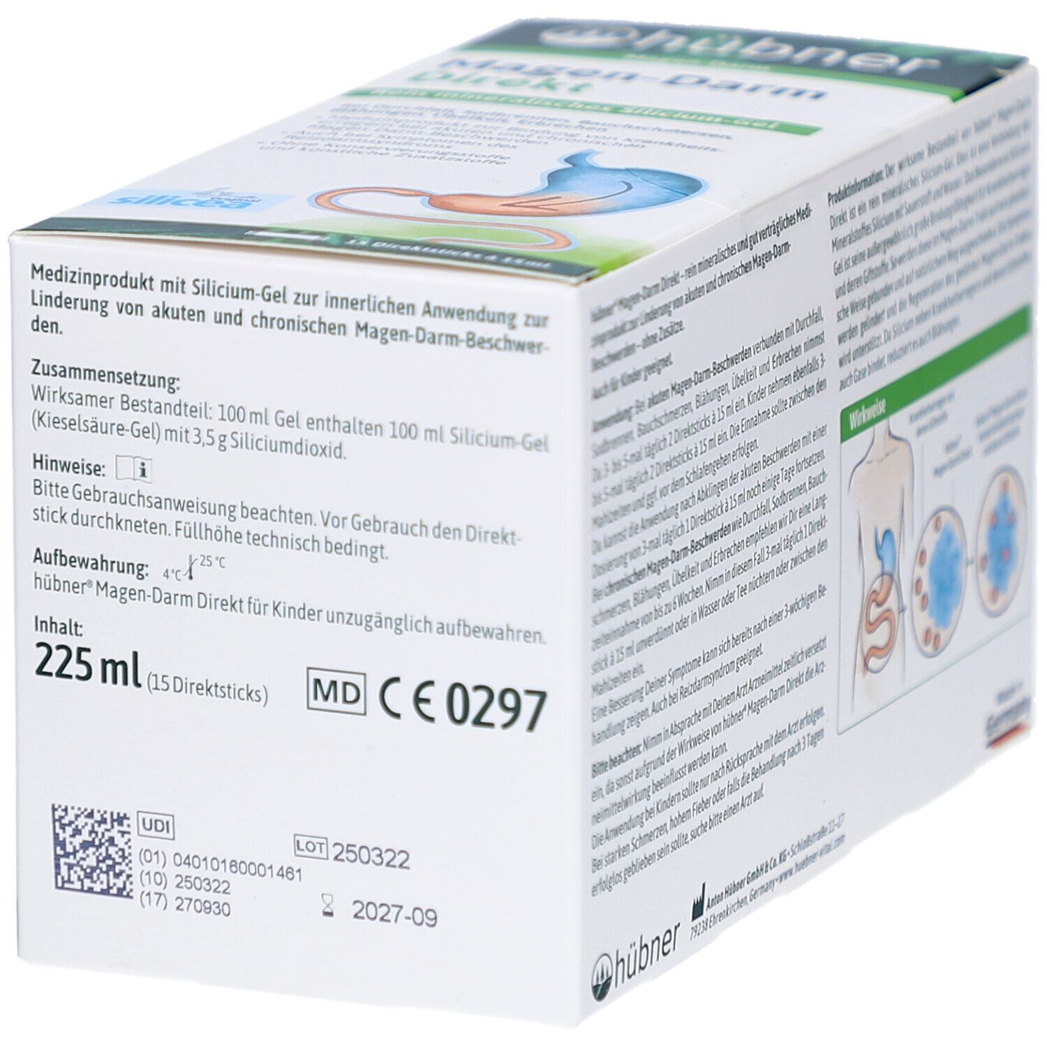 Verpackung von HÜBNER Magen-Darm Direkt Gel. Produktinformationen, Inhaltsangabe und Chargennummer. 225 ml (15 Direktsticks).