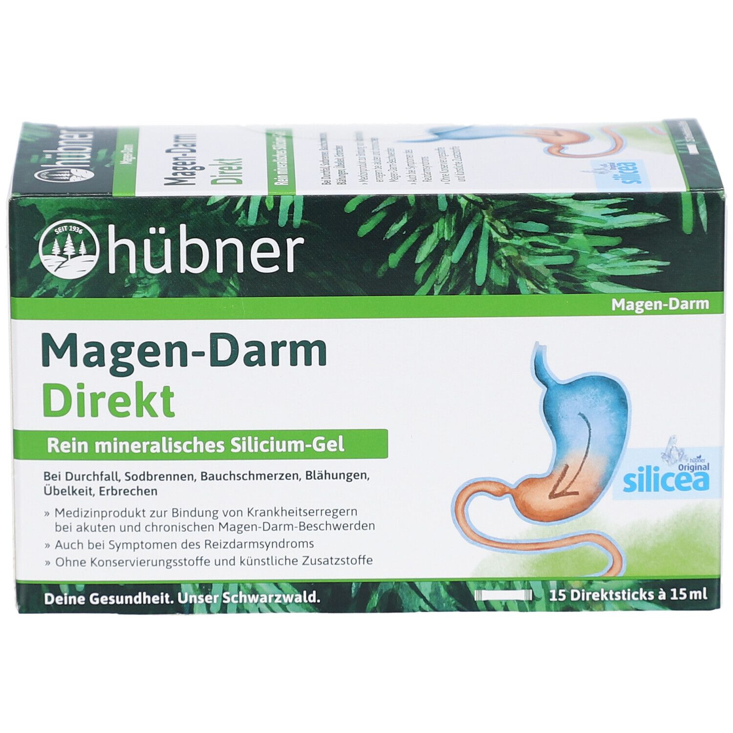 HÜBNER Magen-Darm Direkt Gel Verpackung. Produktname, Logo und Illustration des Verdauungstrakts. 15 Direktsticks à 15 ml.