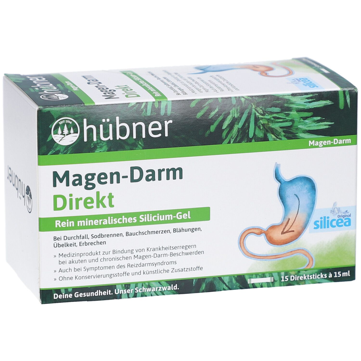 HÜBNER Magen-Darm Direkt Gel Verpackung. Produktname, Logo und Illustration des Verdauungstrakts. 15 Direktsticks.