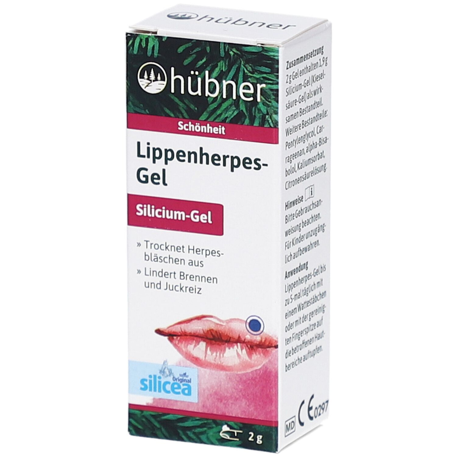Schachtel mit HÜBNER Lippenherpes-Gel. Aufdruck: Lippenherpes-Gel, Silicium-Gel, 2g. Abbildung einer Lippe mit Herpesbläschen.