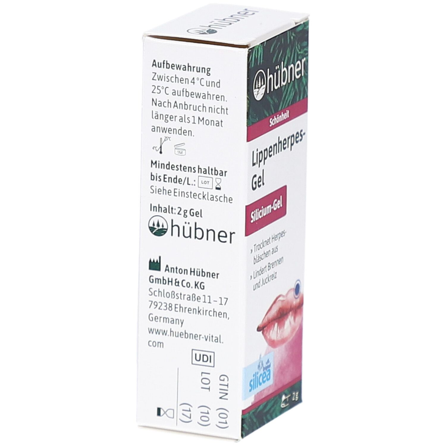 Seitenansicht der Schachtel mit HÜBNER Lippenherpes-Gel. Aufdruck: 2 g, Mindesthaltbarkeit, Herstelleradresse, UDI-Code.