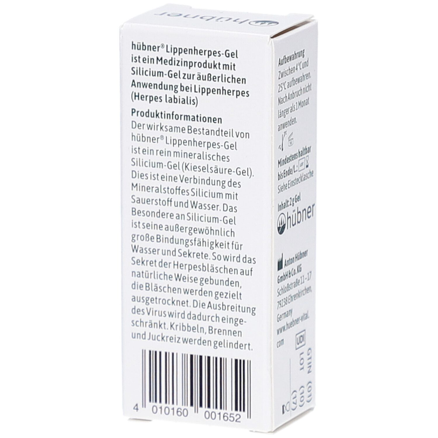 Rückseite der Schachtel mit HÜBNER Lippenherpes-Gel. Text: Produktinformationen, Inhaltsstoffe, Anwendungshinweise, Barcode.