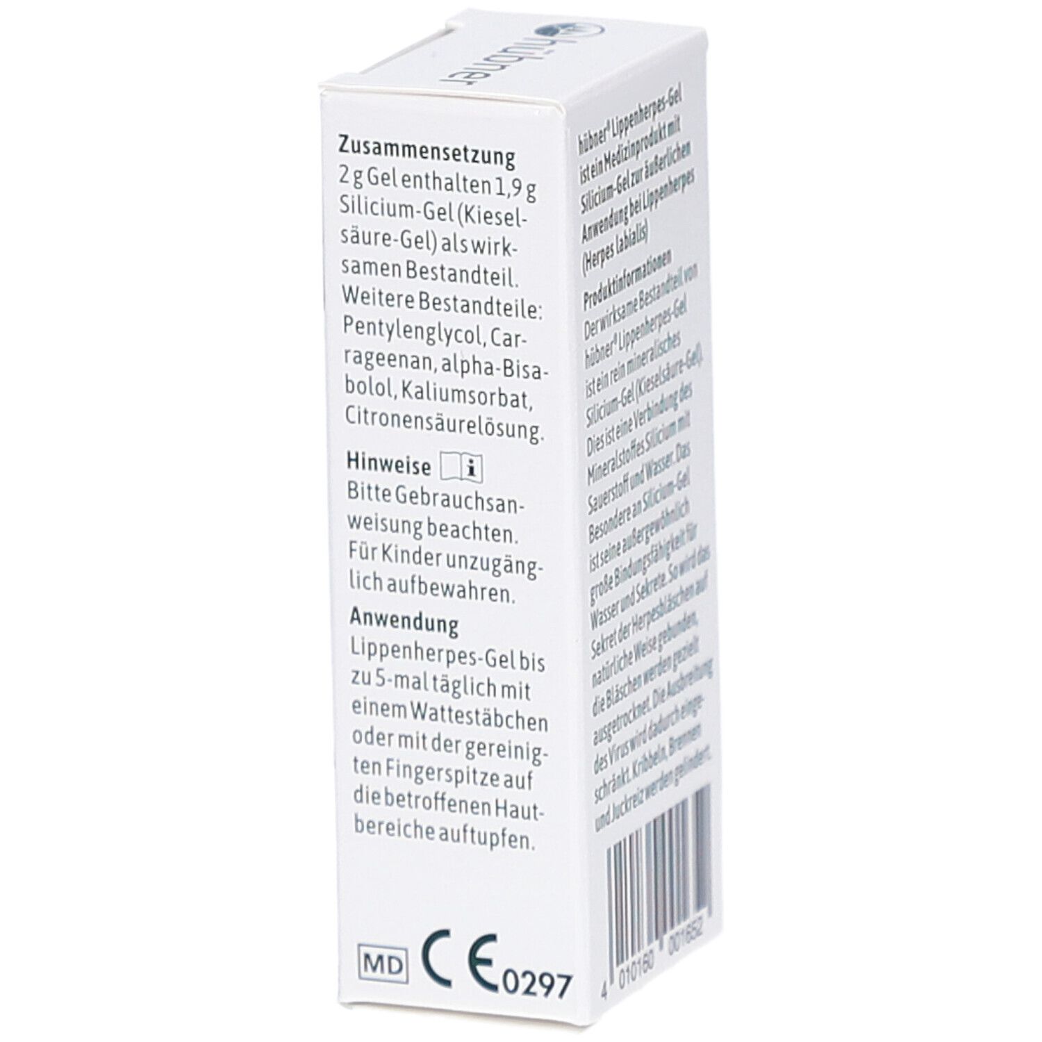 Seitenansicht der Schachtel mit HÜBNER Lippenherpes-Gel. Text: Zusammensetzung, Anwendungshinweise, CE-Kennzeichnung.