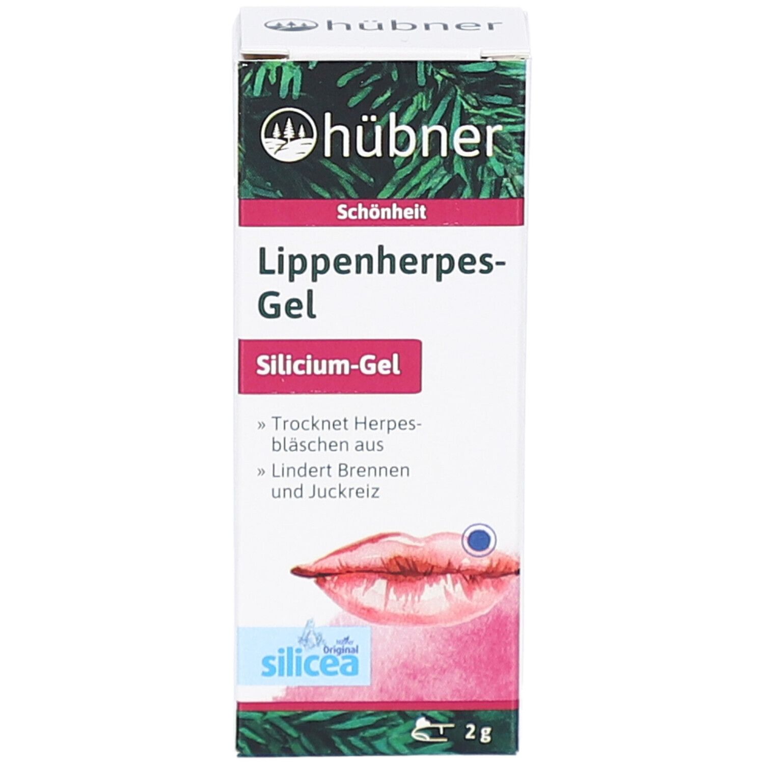 Vorderansicht der Schachtel mit HÜBNER Lippenherpes-Gel. Aufdruck: Lippenherpes-Gel, Silicium-Gel, 2g. Abbildung einer Lippe.