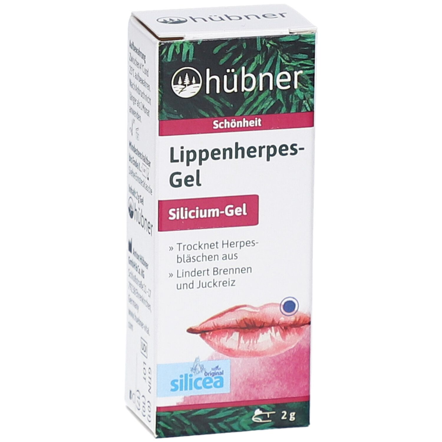 Schachtel mit HÜBNER Lippenherpes-Gel. Aufdruck: Lippenherpes-Gel, Silicium-Gel, 2g. Abbildung einer Lippe mit Herpesbläschen.