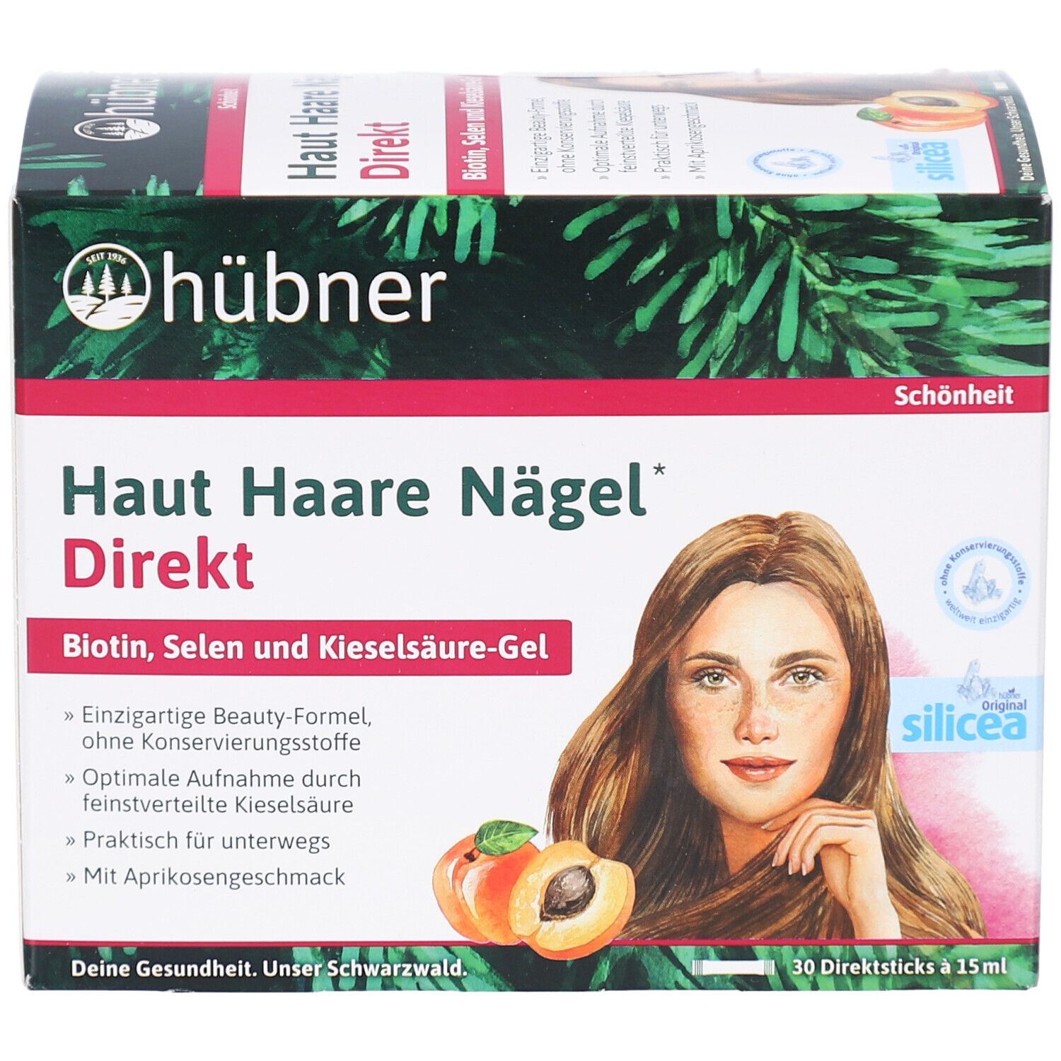 Produktverpackung. Aufschrift: Haut Haare Nägel Direkt. Bild einer Frau, Aprikosen. 30 Direktsticks à 15ml. Logo.