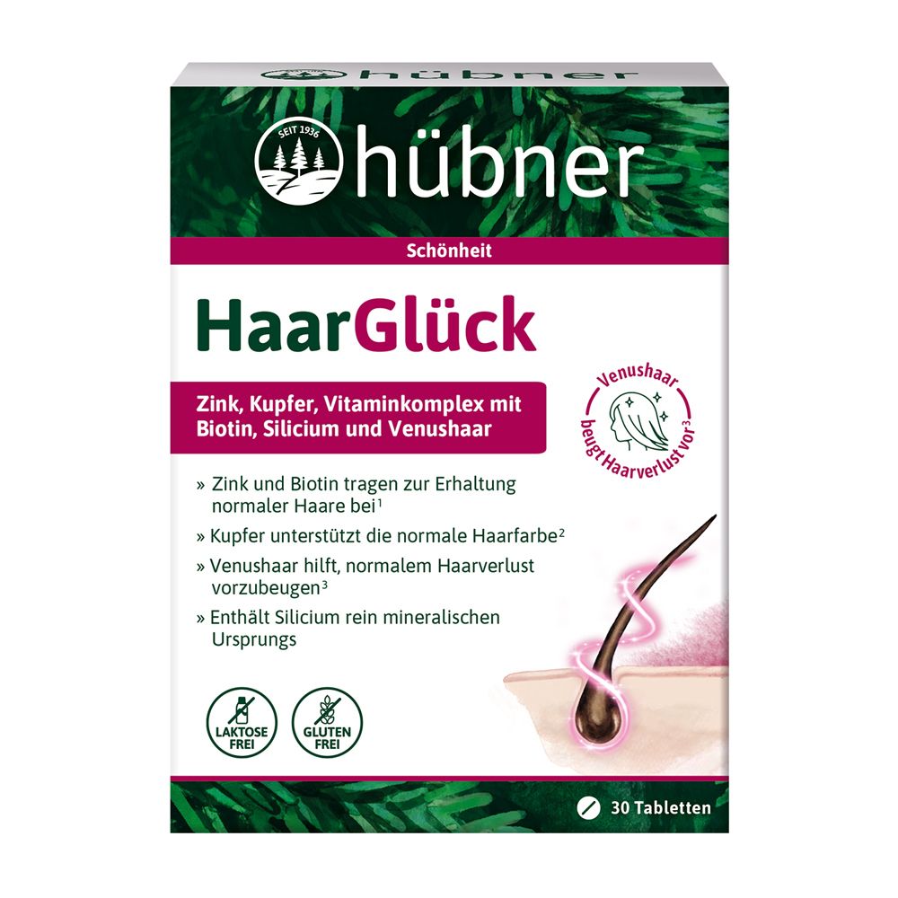 Hübner HaarGlück Packung mit 30 Tabletten, Zink, Kupfer, Biotin, Silicium & Venushaar.