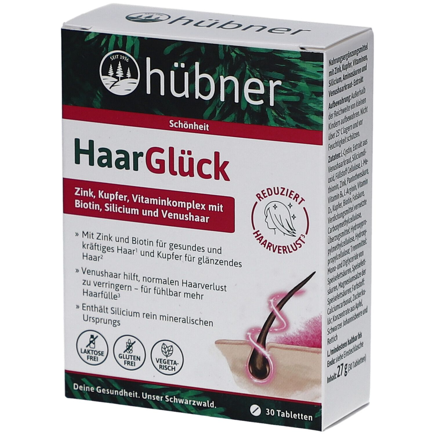 HÜBNER HaarGlück Tabletten-Packung. Enthält Zink, Kupfer, Vitamine, Biotin, Silicium und Venushaar. 30 Tabletten. Laktose-, Glutenfrei, vegetarisch.