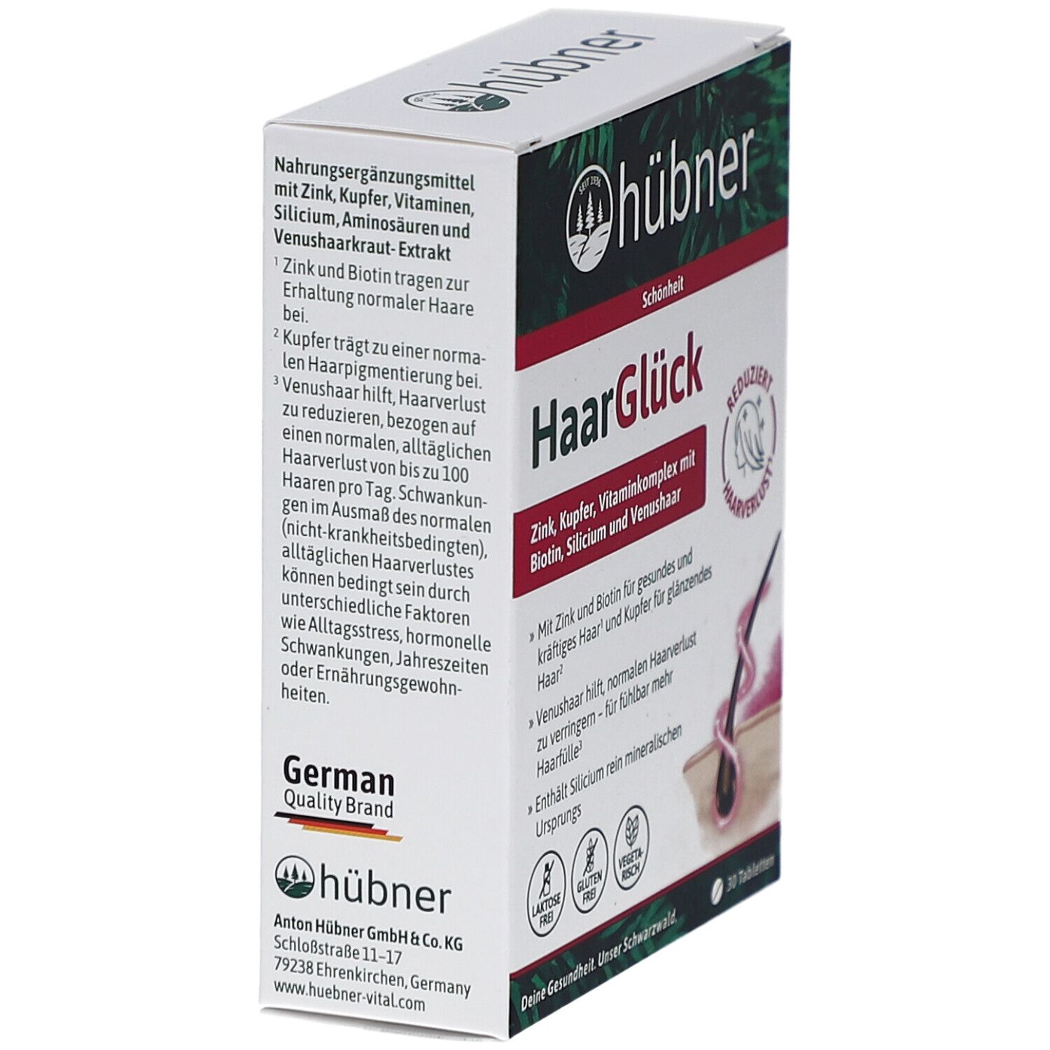 HÜBNER HaarGlück Tabletten-Packung, Seitenansicht. Enthält Zink, Kupfer, Vitamine, Biotin, Silicium und Venushaar. German Quality Brand.