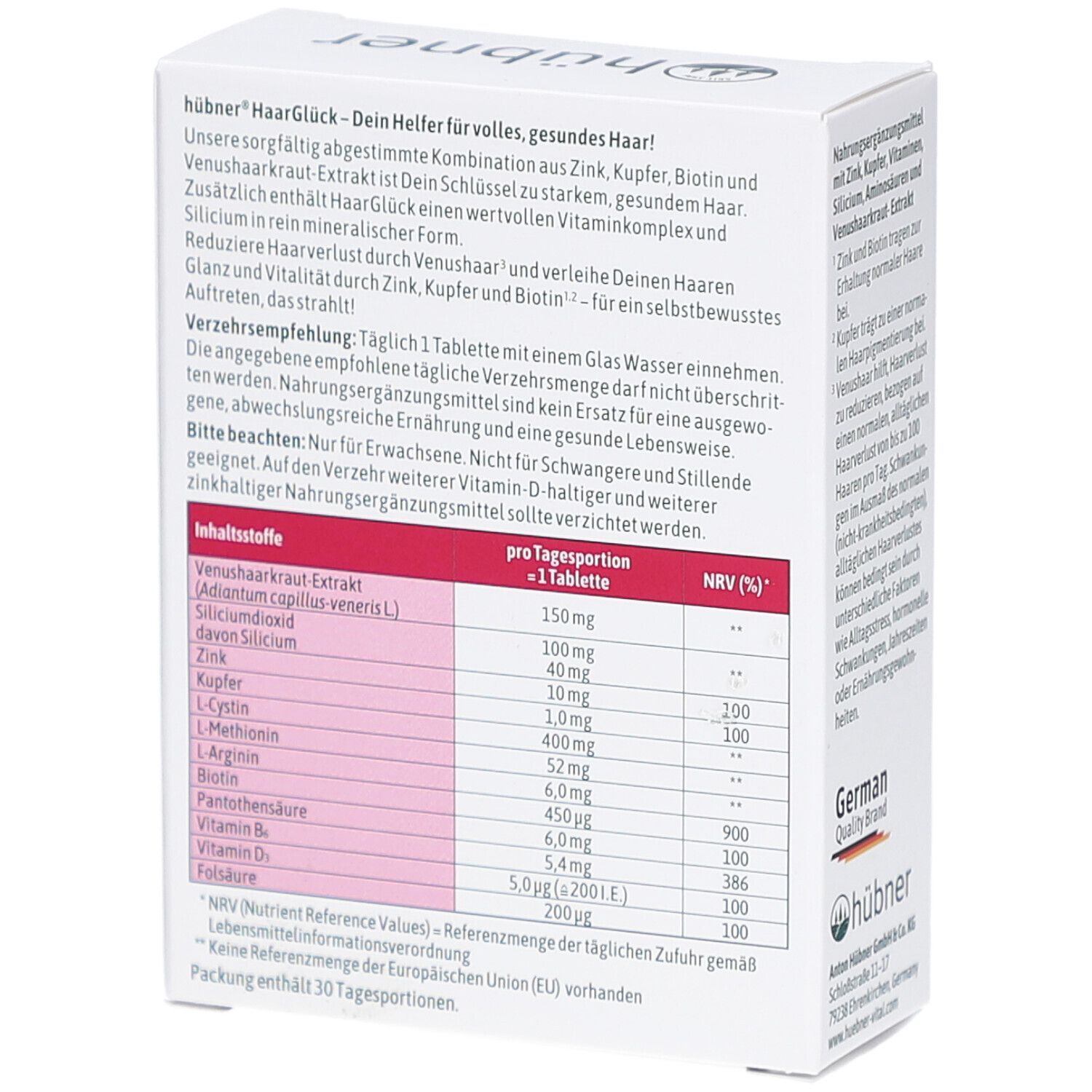 Rückseite der HÜBNER HaarGlück Tabletten-Packung. Enthält Informationen zu Inhaltsstoffen und Nährwertangaben. 30 Tabletten.