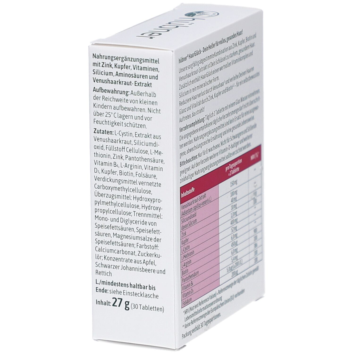 HÜBNER HaarGlück Tabletten-Packung, Detailansicht der Zutatenliste und Nährwertangaben. 27g, 30 Tabletten.