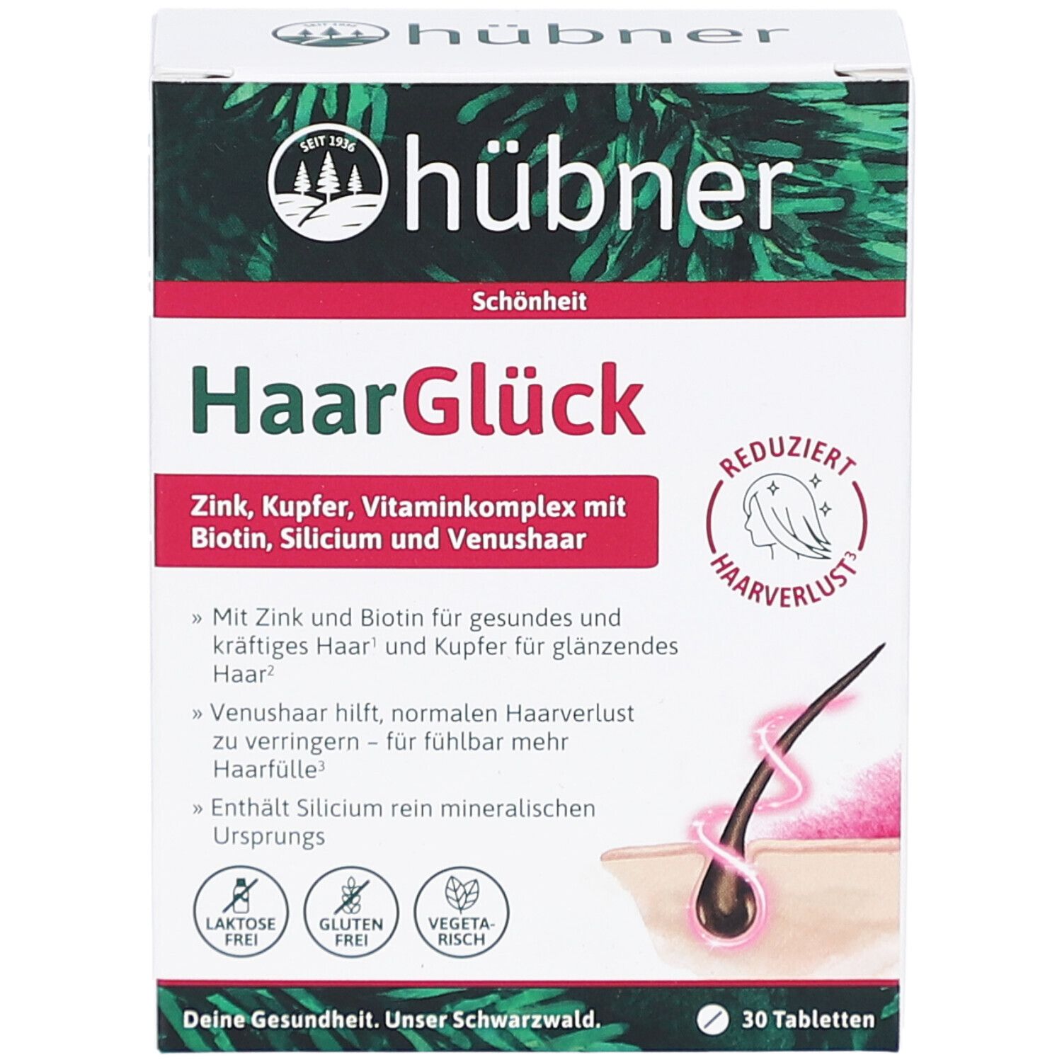 HÜBNER HaarGlück Tabletten-Packung. Enthält Zink, Kupfer, Vitamine, Biotin, Silicium und Venushaar. 30 Tabletten. Laktose-, Glutenfrei, vegetarisch.