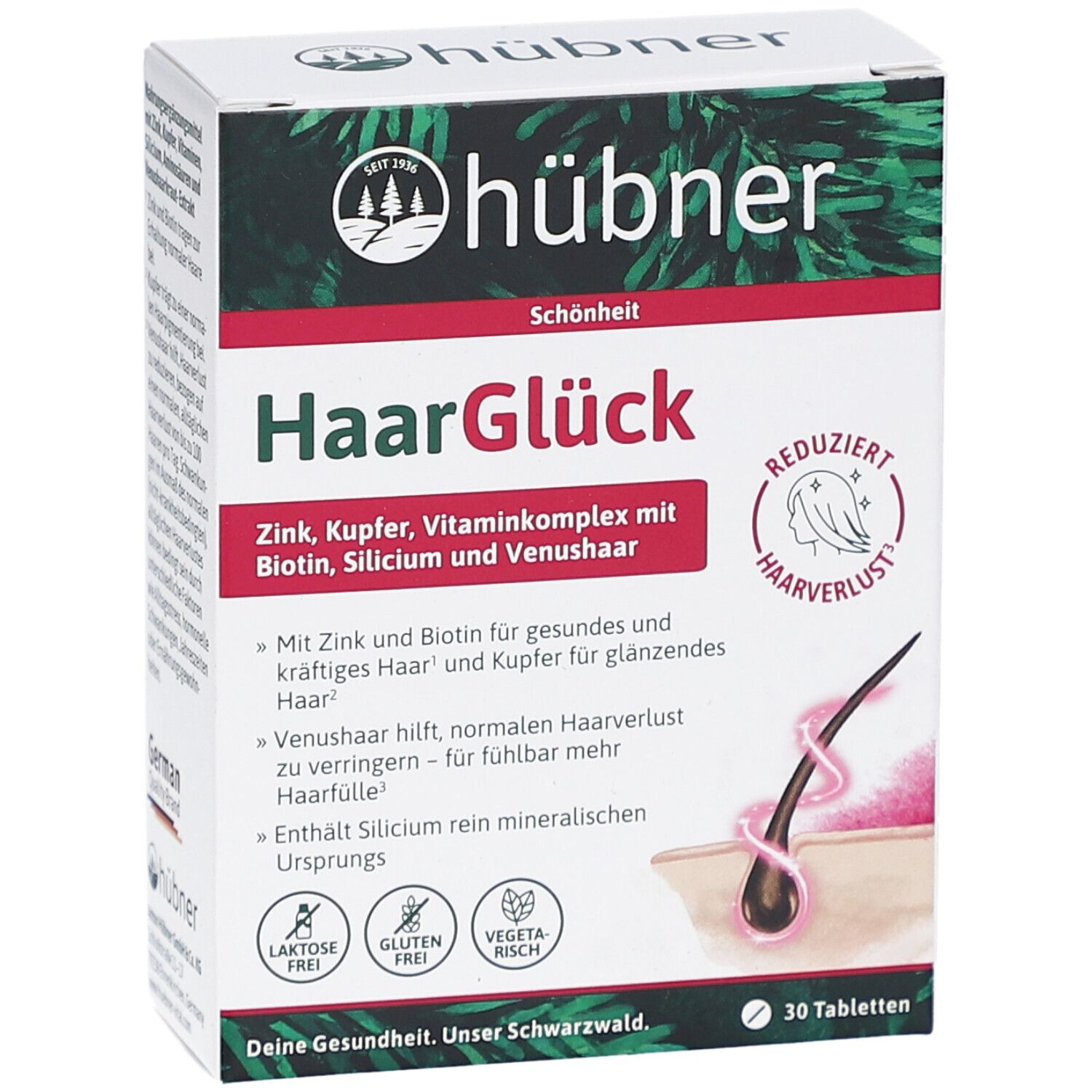 HÜBNER HaarGlück Tabletten-Packung. Enthält Zink, Kupfer, Vitamine, Biotin, Silicium und Venushaar. 30 Tabletten. Laktose-, Glutenfrei, vegetarisch.