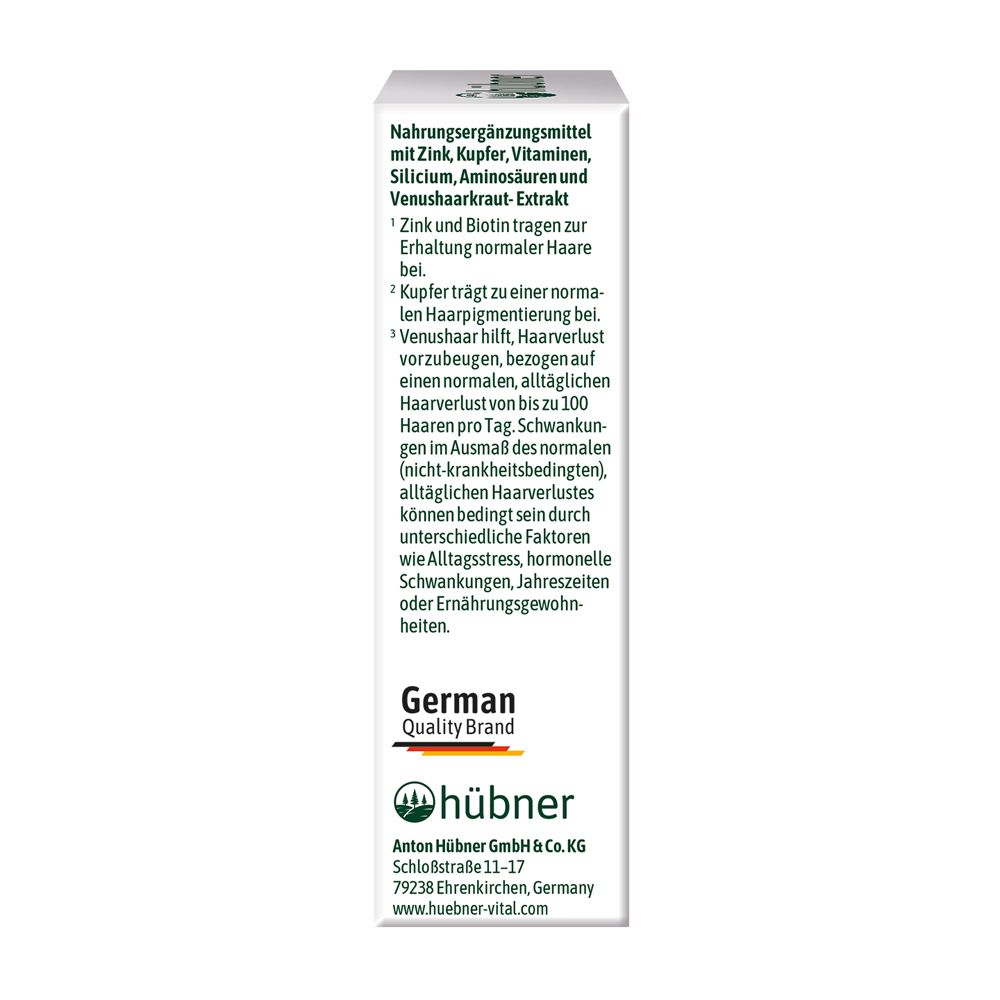Seitenansicht der Hübner HaarGlück Packung mit Herstellerangaben und Qualitätsmerkmalen.
