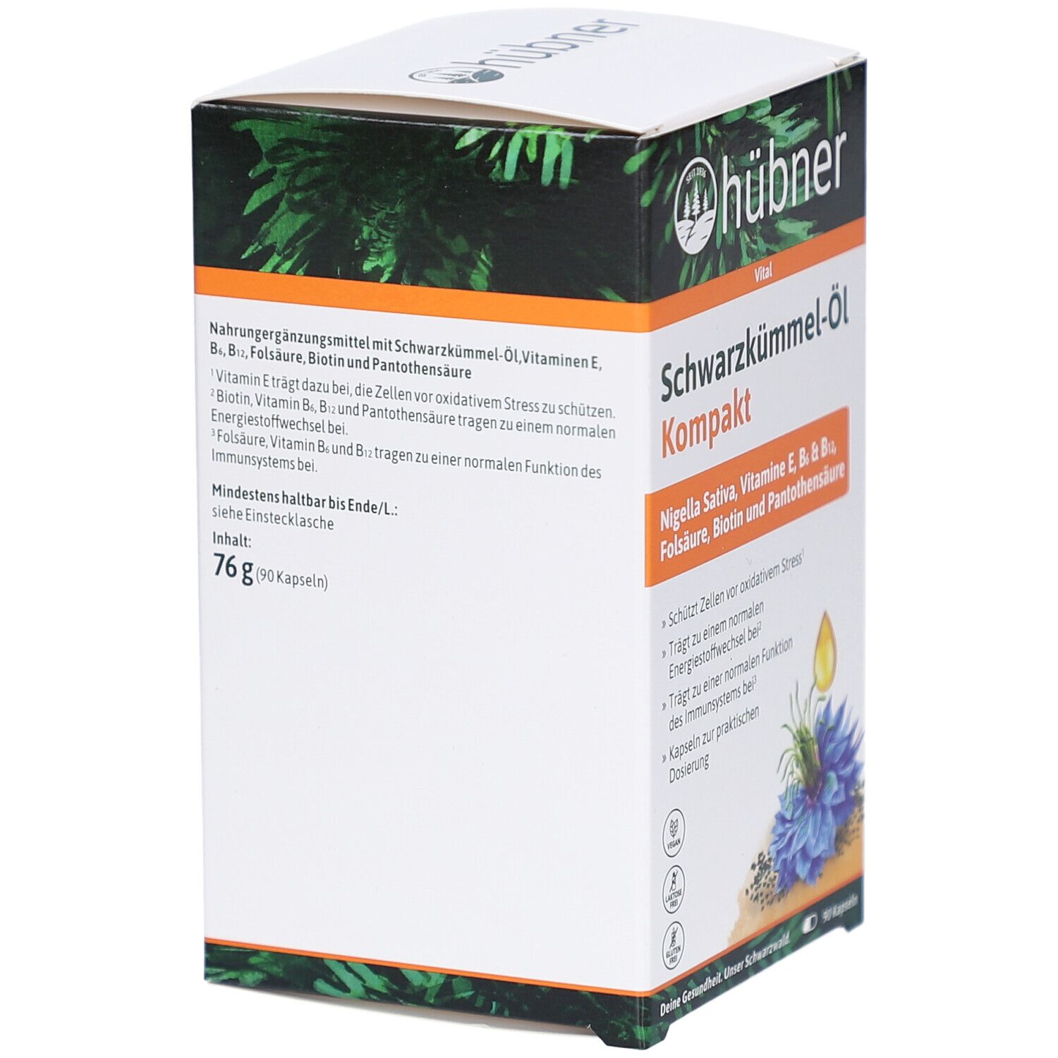 Rückseite der HÜBNER Schwarzkümmel-Öl Kompakt Kapseln-Verpackung. Text: Nahrungsergänzungsmittel mit Schwarzkümmel-Öl, Vitaminen, etc. 76g (90 Kapseln).