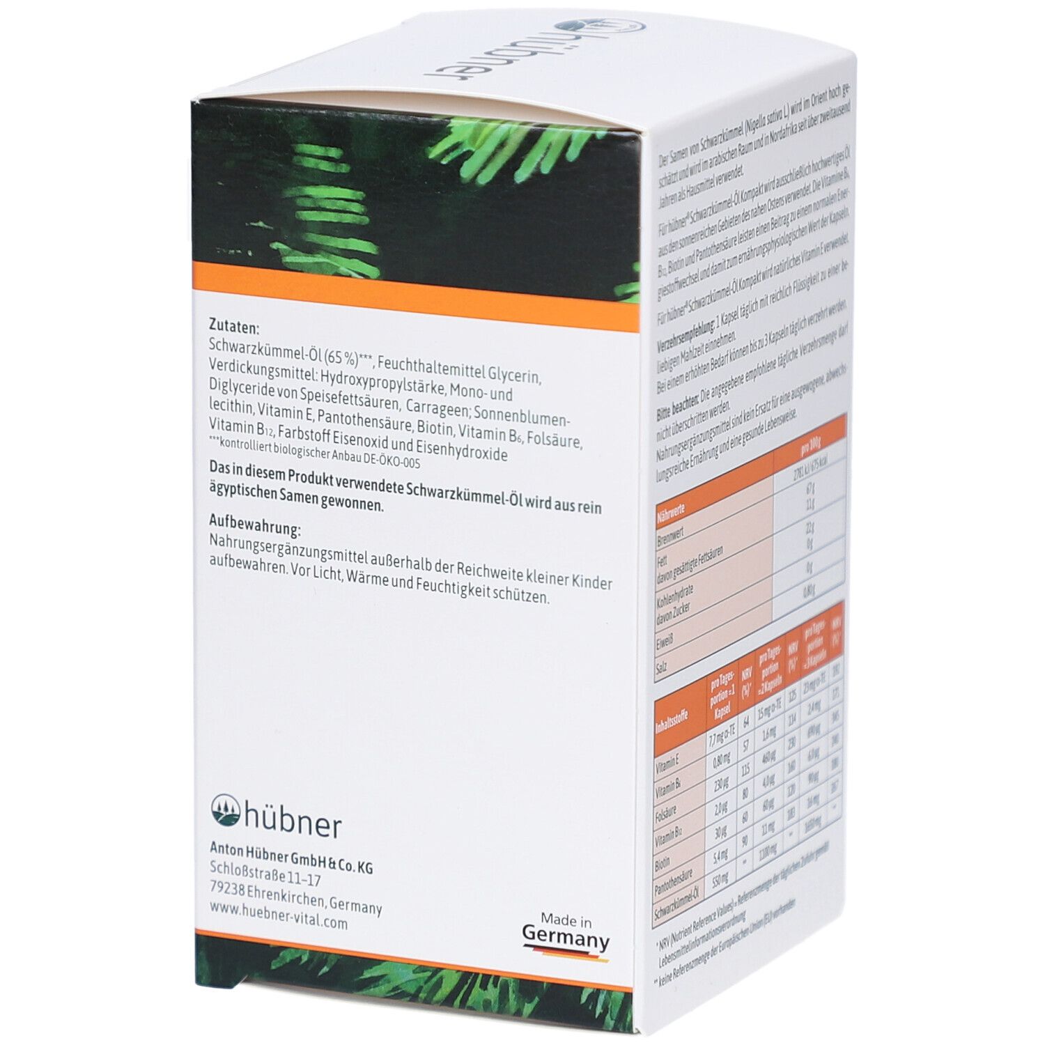 Rückseite der HÜBNER Schwarzkümmel-Öl Kompakt Kapseln-Verpackung. Text: Zutaten, Aufbewahrungshinweise. Herstelleradresse. Made in Germany.
