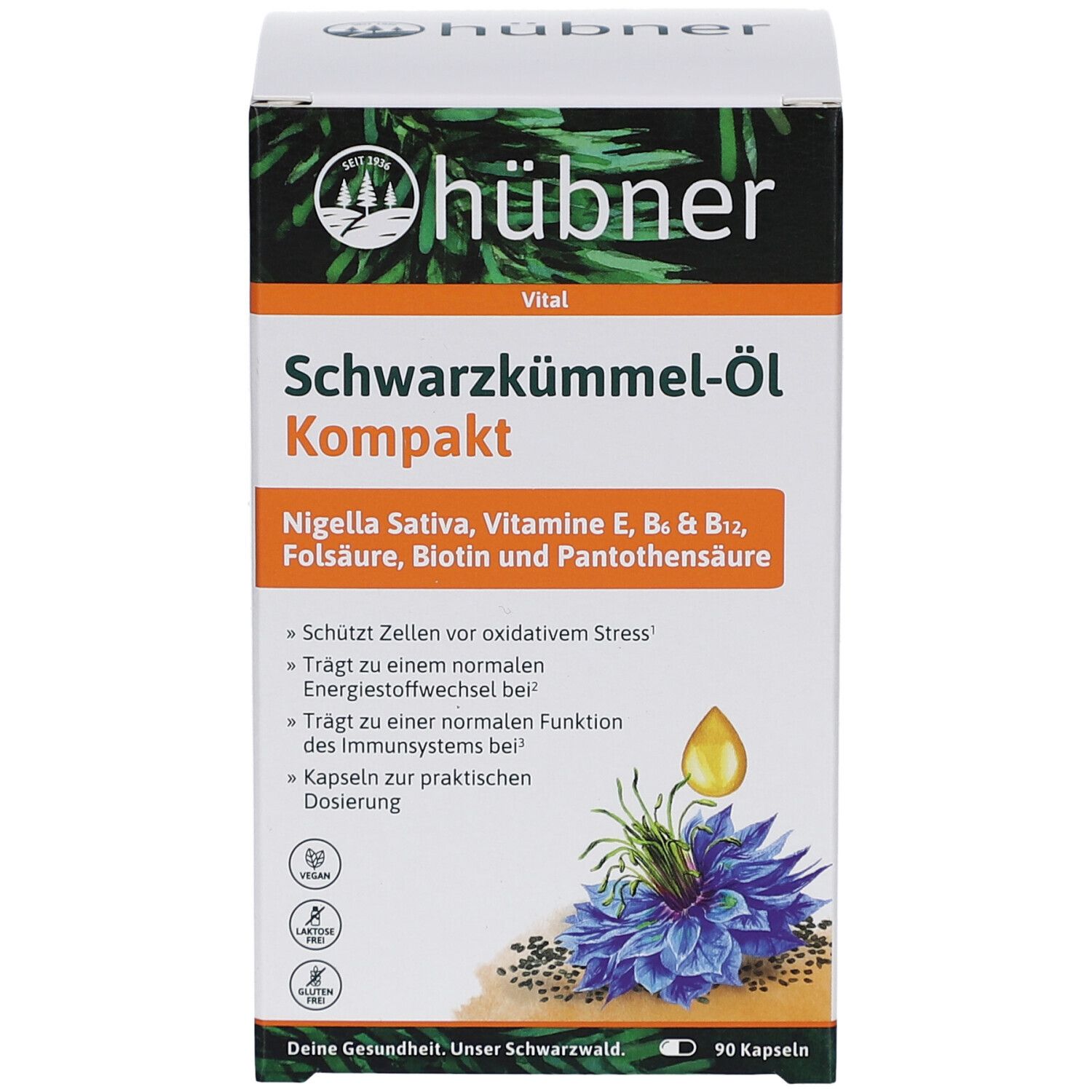 HÜBNER Schwarzkümmel-Öl Kompakt Kapseln-Verpackung. Aufschrift: Schwarzkümmel-Öl Kompakt, 90 Kapseln. Logo und Produktinformationen. Vegan.