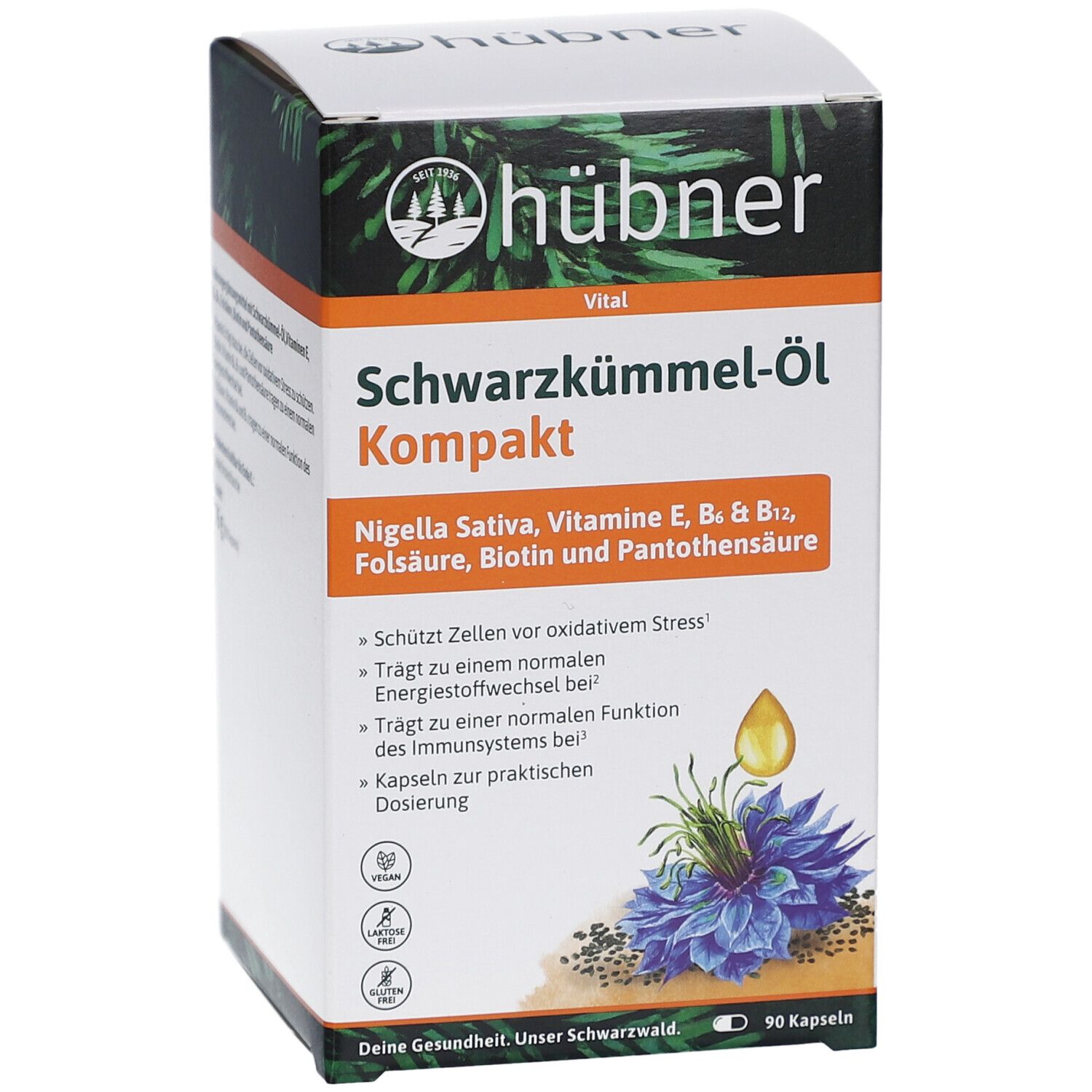 HÜBNER Schwarzkümmel-Öl Kompakt Kapseln-Verpackung. Aufschrift: Schwarzkümmel-Öl Kompakt, 90 Kapseln. Logo und Produktinformationen.