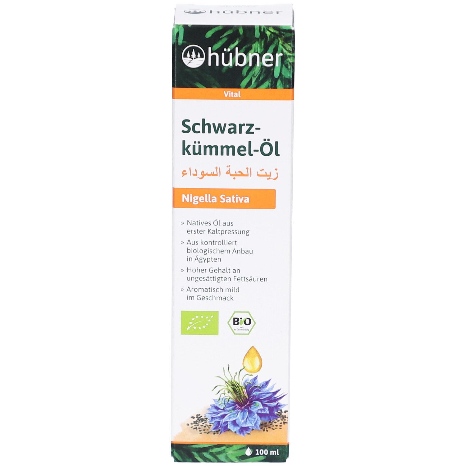 HÜBNER Schwarzkümmel-Öl Bio. Weiße Verpackung mit Produktnamen und Logo. Bio-Siegel. Illustration von Blüte und Öl-Tropfen.