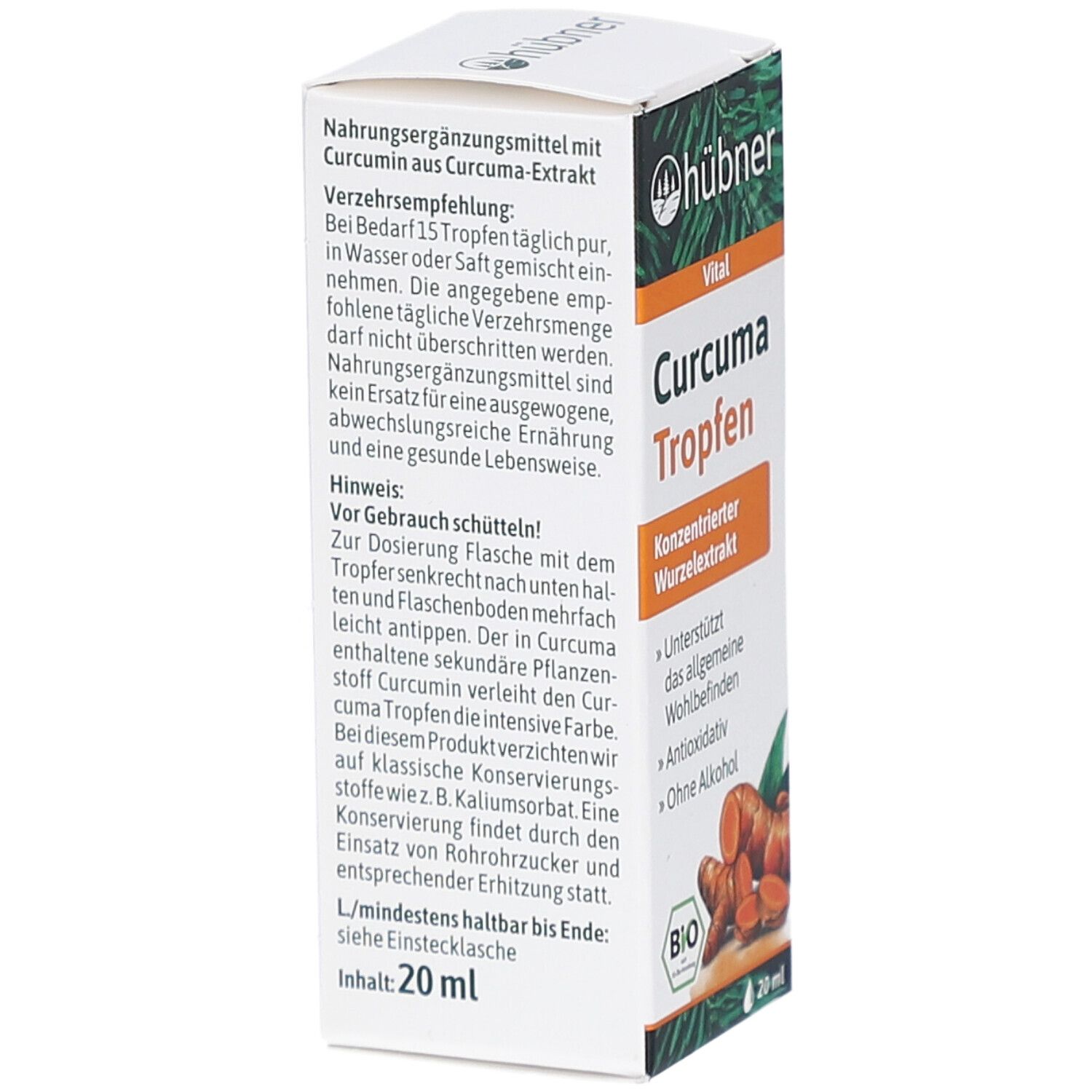 Karton mit Curcuma Tropfen. Text: Nahrungsergänzungsmittel. Enthält 20 ml. Mit Verzehrsempfehlung und Inhaltsangaben.