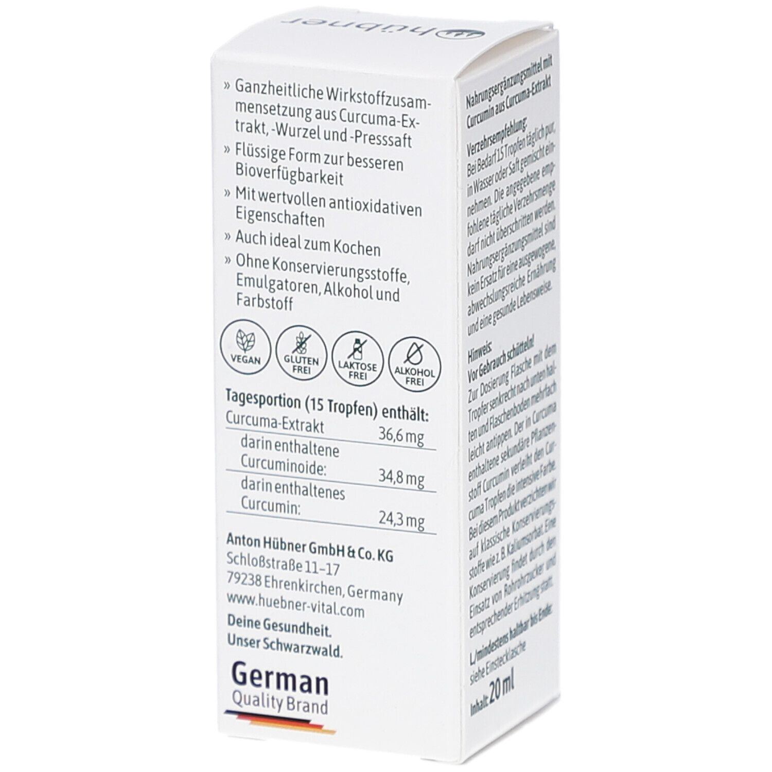 Karton mit Curcuma Tropfen. Enthält Informationen zu Inhaltsstoffen und Hersteller. Vegan, glutenfrei, laktosefrei, alkoholfrei.