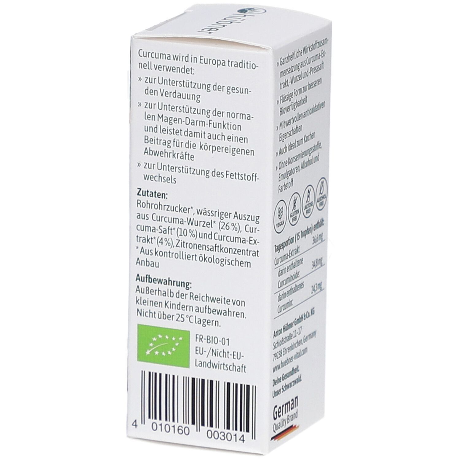 Rückseite der Verpackung von Curcuma Tropfen. Enthält Informationen zur Anwendung und Inhaltsstoffe. Bio-Siegel.