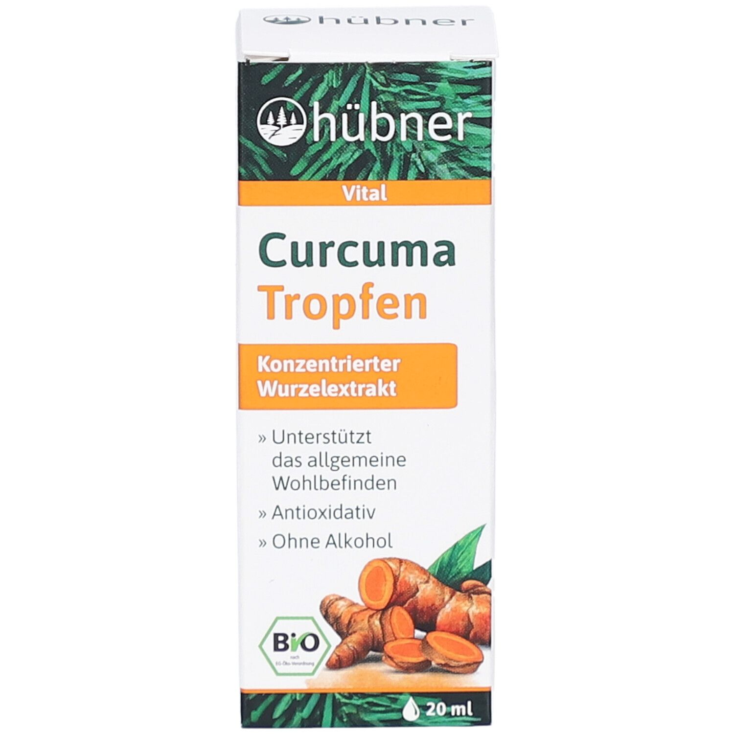 Weiße Verpackung von Curcuma Tropfen. Produktname und Logo Hübner. Enthält Kurkuma-Wurzel-Illustration und Bio-Siegel. 20 ml.