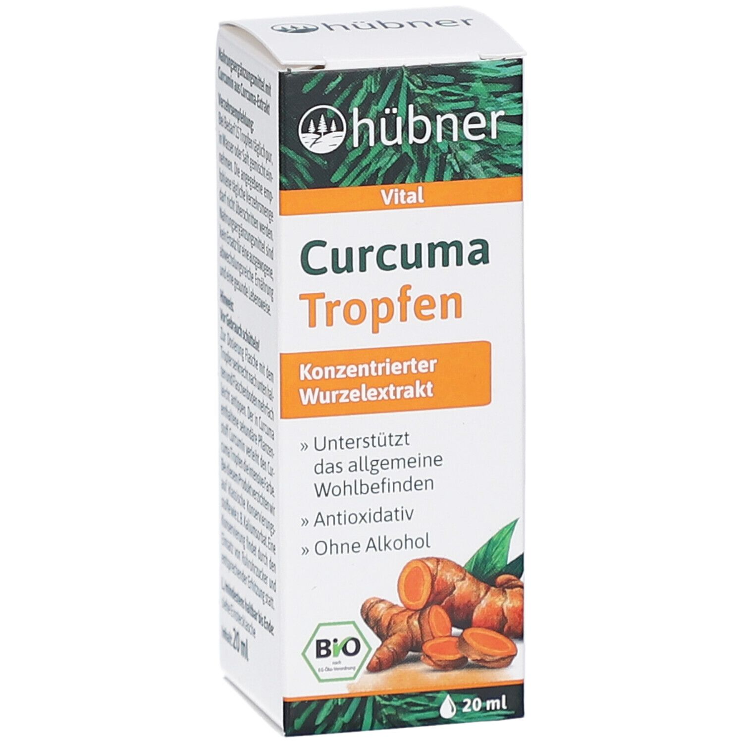 Weiße Verpackung von Curcuma Tropfen. Produktname und Logo Hübner. Enthält Kurkuma-Wurzel-Illustration und Bio-Siegel. 20 ml.
