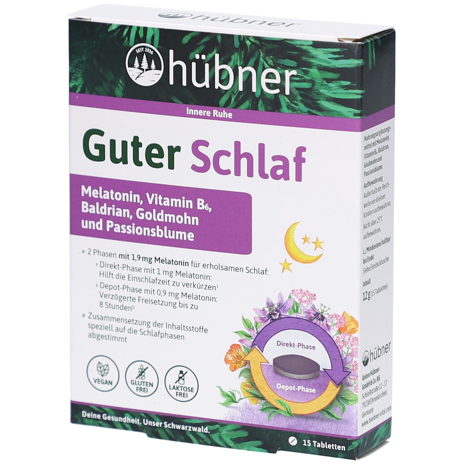 Schachtel mit Tabletten. Aufschrift: HÜBNER Guter Schlaf. Enthält Melatonin, Vitamin B6, Baldrian, Goldmohn und Passionsblume. 15 Tabletten.