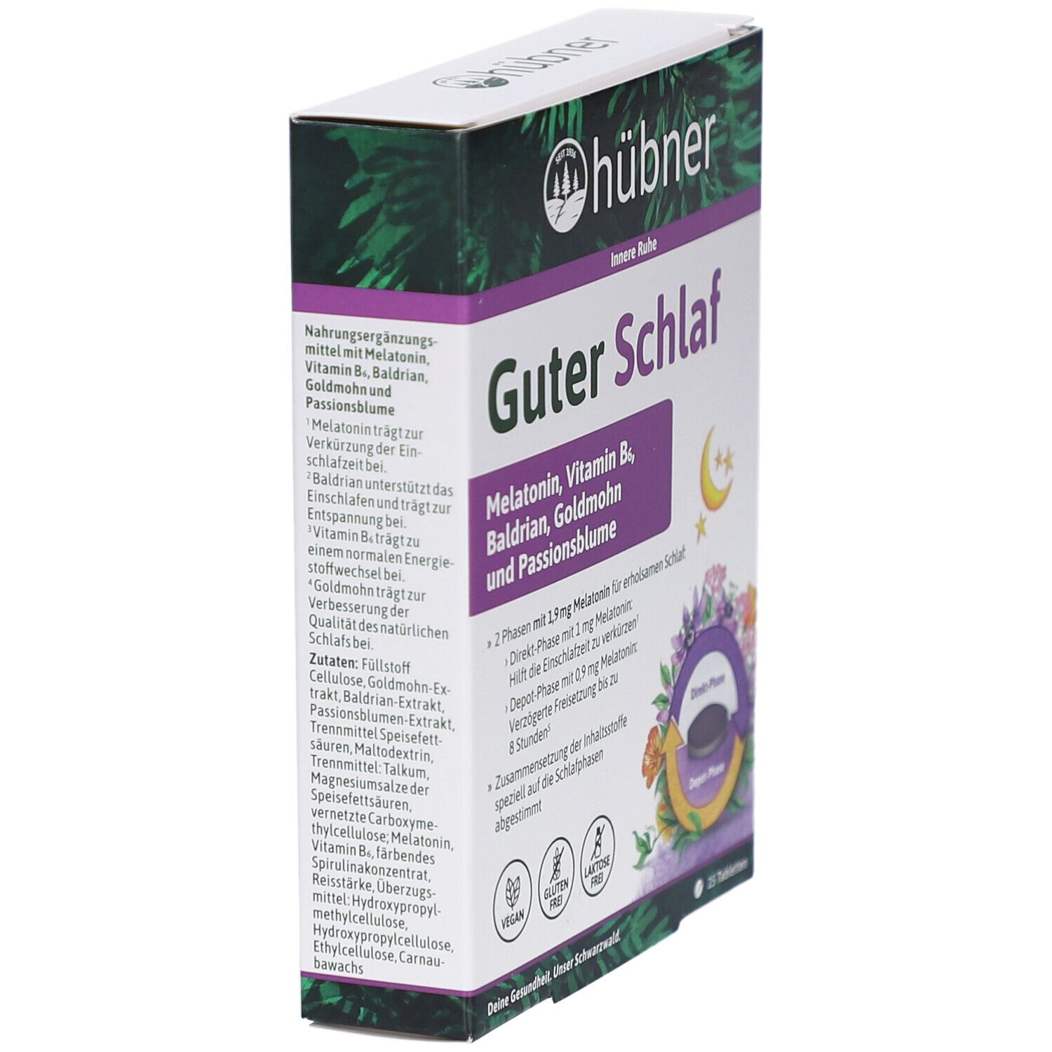 Schachtel mit Tabletten. Aufschrift: HÜBNER Guter Schlaf. Enthält Melatonin, Vitamin B6, Baldrian, Goldmohn und Passionsblume. Seitenansicht.