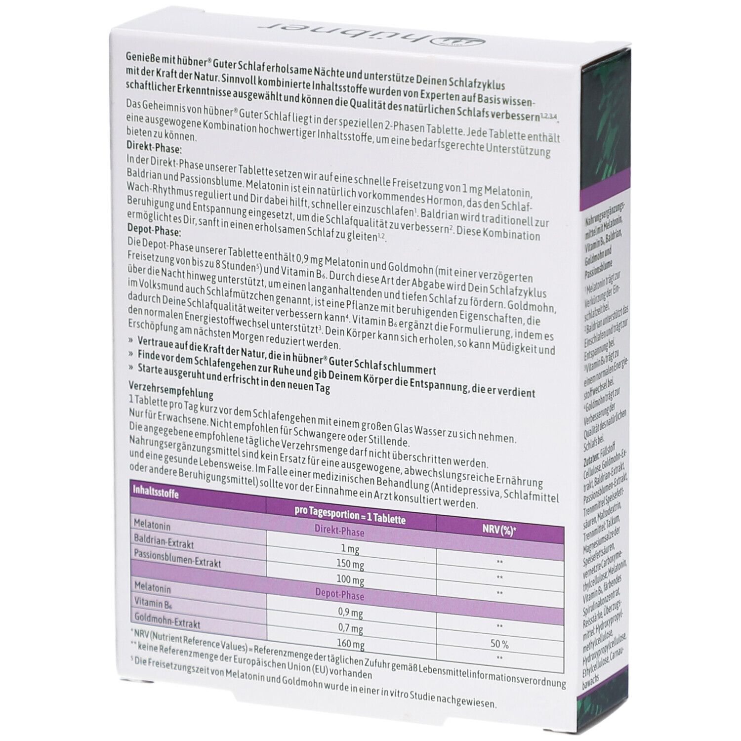 Rückseite der Tablettenschachtel. Text über Inhaltsstoffe und Anwendung. Enthält Melatonin, Vitamin B6, Baldrian, Goldmohn und Passionsblume.