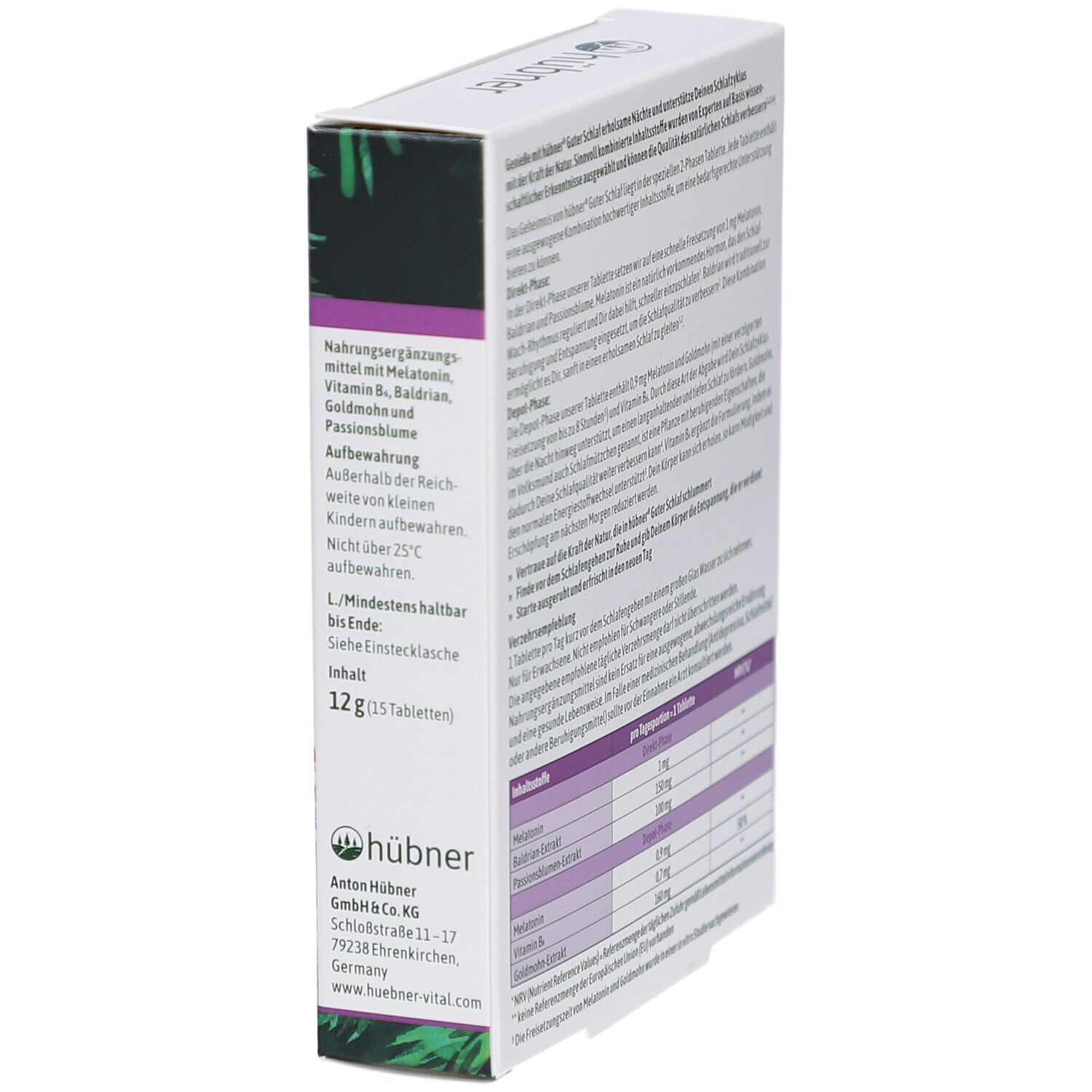 Seite der Tablettenschachtel. Text über Inhaltsstoffe und Anwendung. Enthält Melatonin, Vitamin B6, Baldrian, Goldmohn und Passionsblume.
