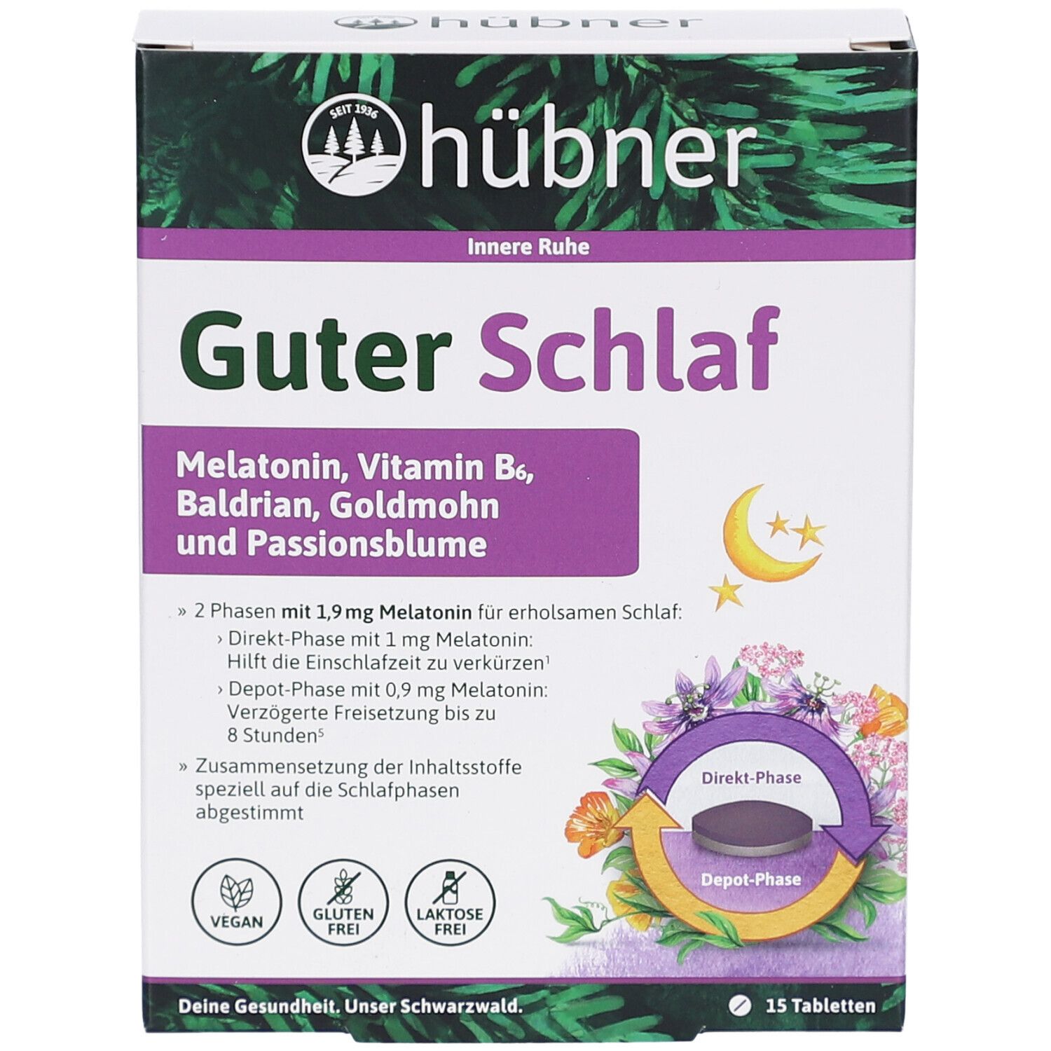 Schachtel mit Tabletten. Aufschrift: HÜBNER Guter Schlaf. Enthält Melatonin, Vitamin B6, Baldrian, Goldmohn und Passionsblume. 15 Tabletten.
