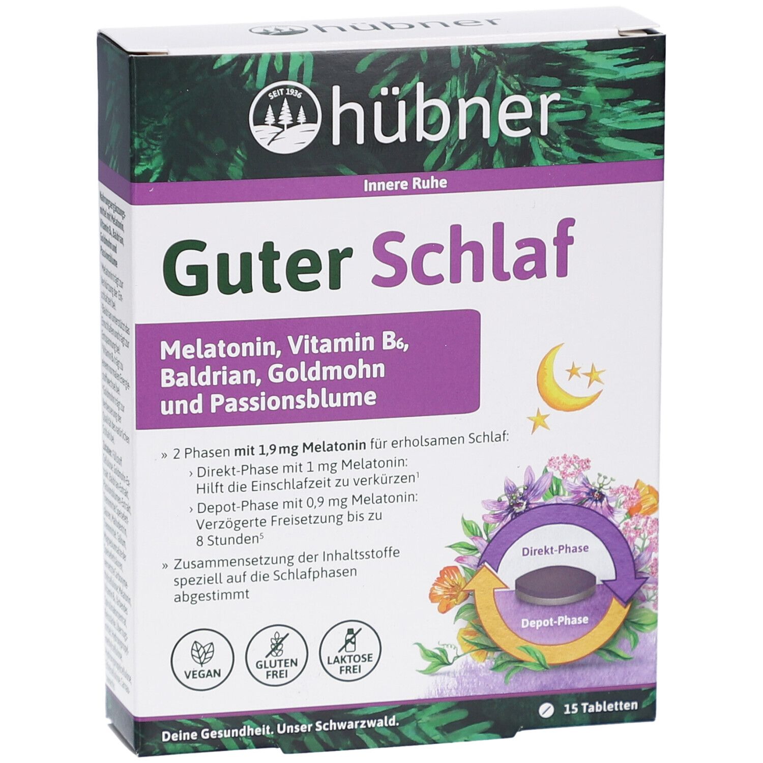 Schachtel mit Tabletten. Aufschrift: HÜBNER Guter Schlaf. Enthält Melatonin, Vitamin B6, Baldrian, Goldmohn und Passionsblume. 15 Tabletten.