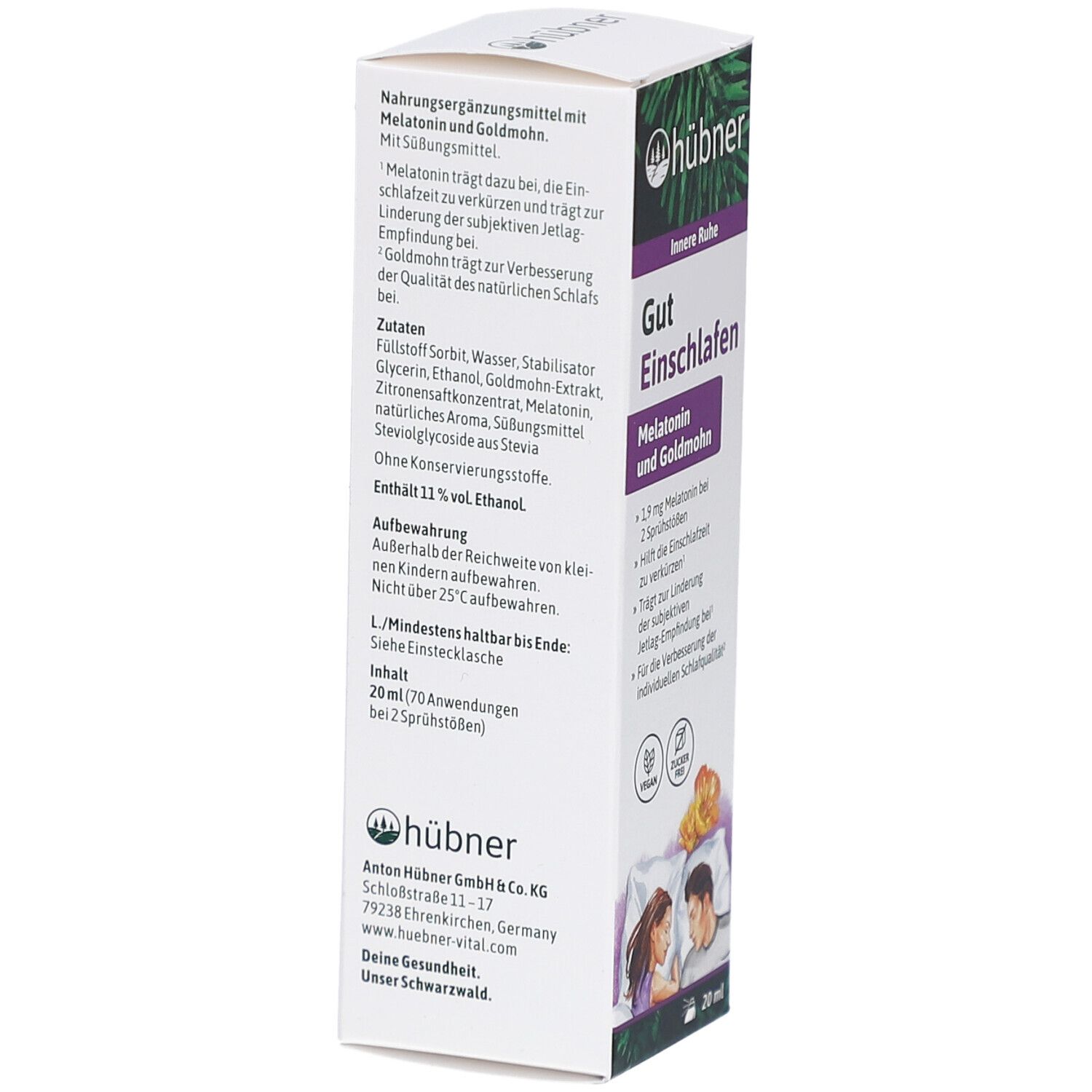 Rückseite der Verpackung von HÜBNER Gut Einschlafen Spray. Enthält Inhaltsstoffe und Anwendungshinweise. 20 ml Flasche.