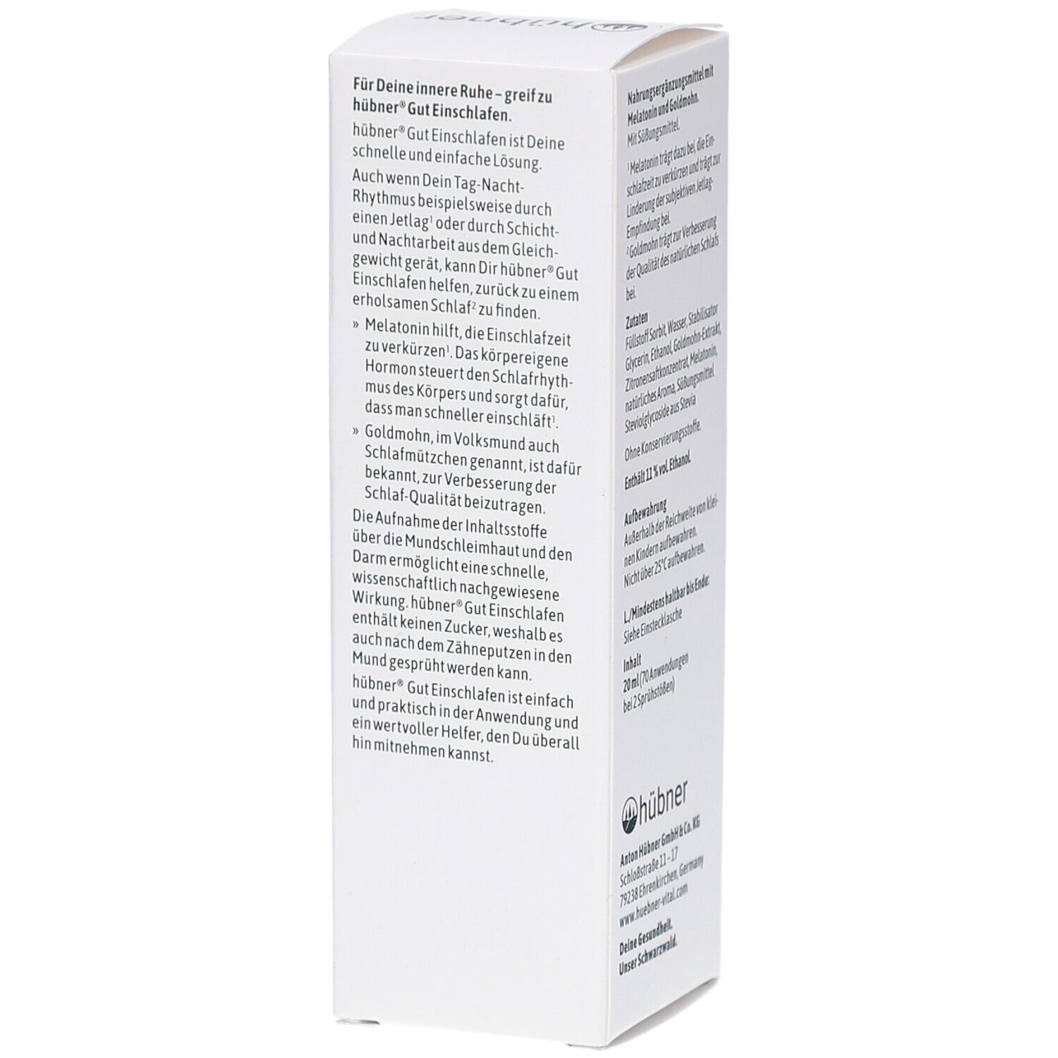 Seite der Verpackung von HÜBNER Gut Einschlafen Spray. Enthält Informationen zur Anwendung und Hinweise. 20 ml Flasche.
