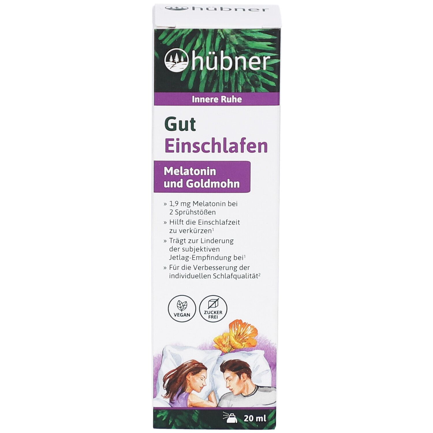 Vorderseite der Verpackung von HÜBNER Gut Einschlafen Spray. Enthält Produktnamen, Inhaltsstoffe und Logos. 20 ml Flasche.