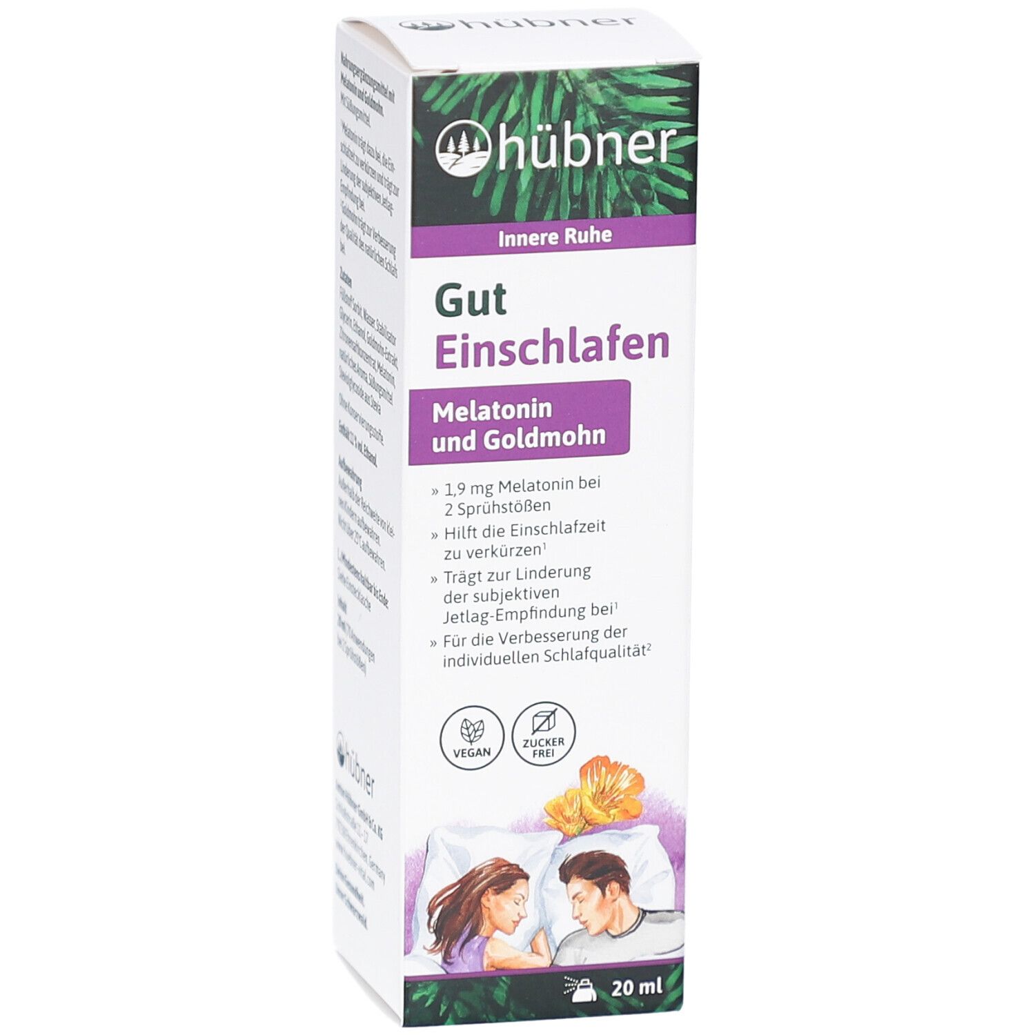 Vorderseite der Verpackung von HÜBNER Gut Einschlafen Spray. Enthält Produktnamen, Inhaltsstoffe und Logos. 20 ml Flasche.